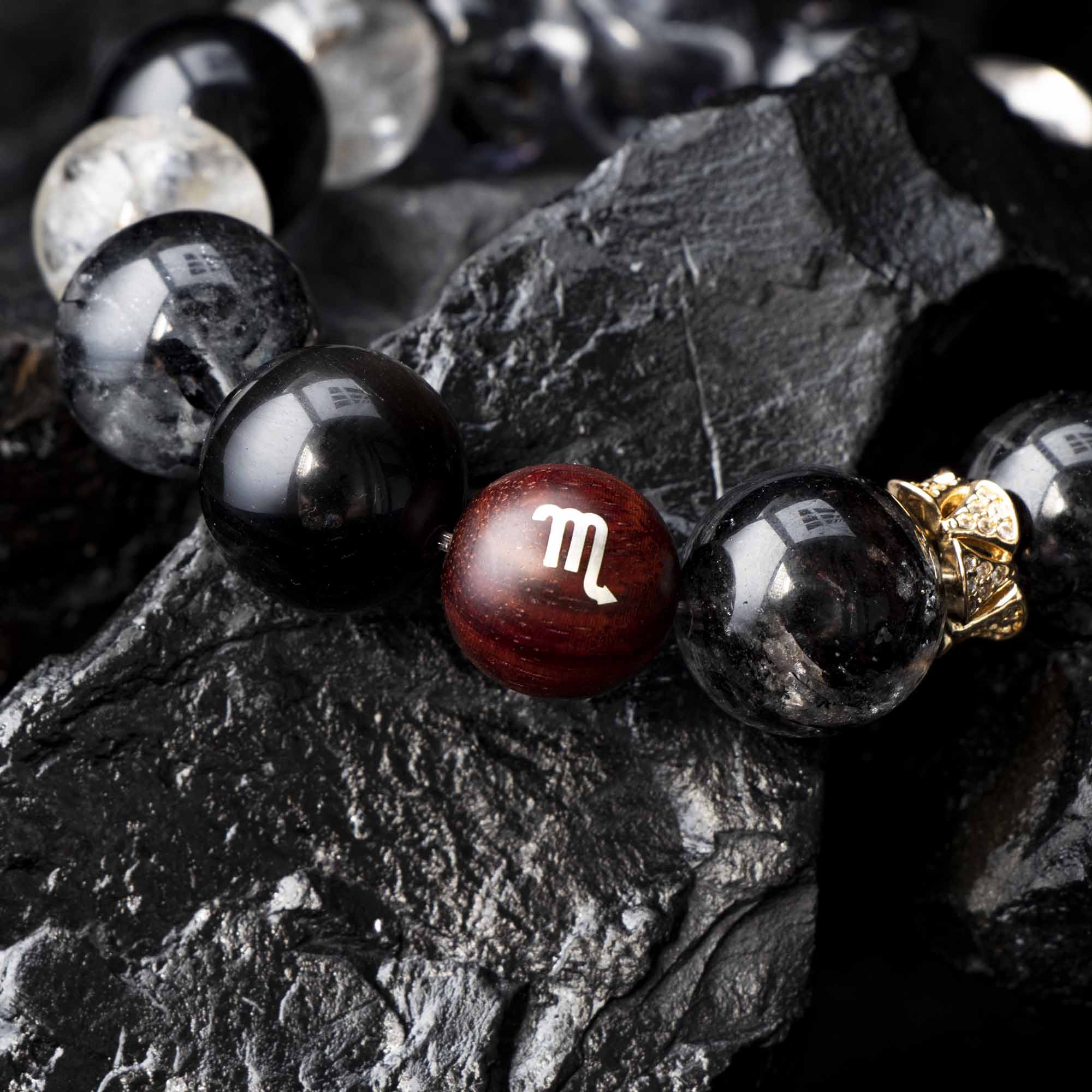 Auralyn Virgo Precision Shield Crystal Bracelet, 13–14mm Silver Obsidian, Black Labradorite, Herkimer Diamond & Black Rutilated Quartz with Gold-Plated Spacers and Sterling Silver Virgo Inlaid Bead, Handmade Zodiac Energy Jewelry