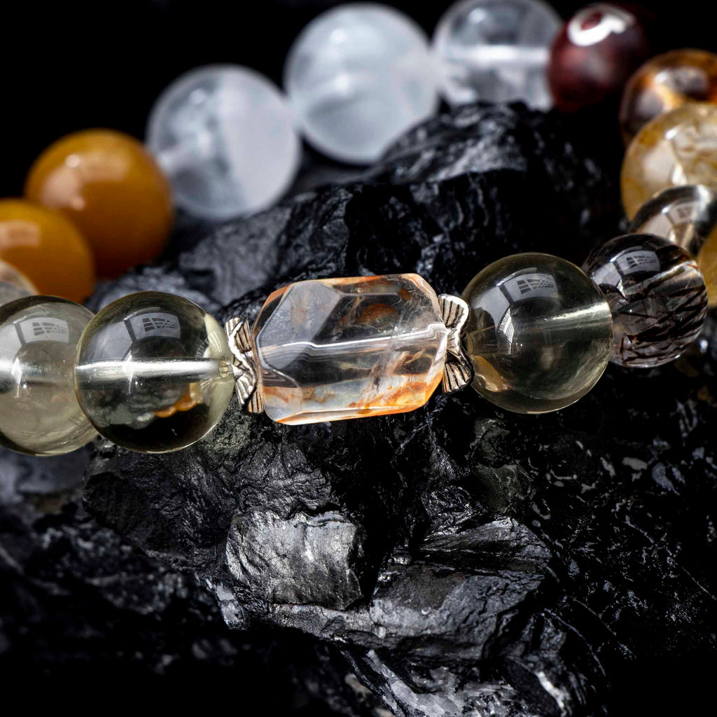 Auralyn Libra Golden Balance Super Seven Crystal Bracelet, 13–14mm Super Seven with Citrine, Flower Agate (Golden/Orange), White Phantom Quartz & Tiger’s Eye, Raw Mineral Accent, Sterling-Silver Inlaid Libra Redwood Bead, Handmade