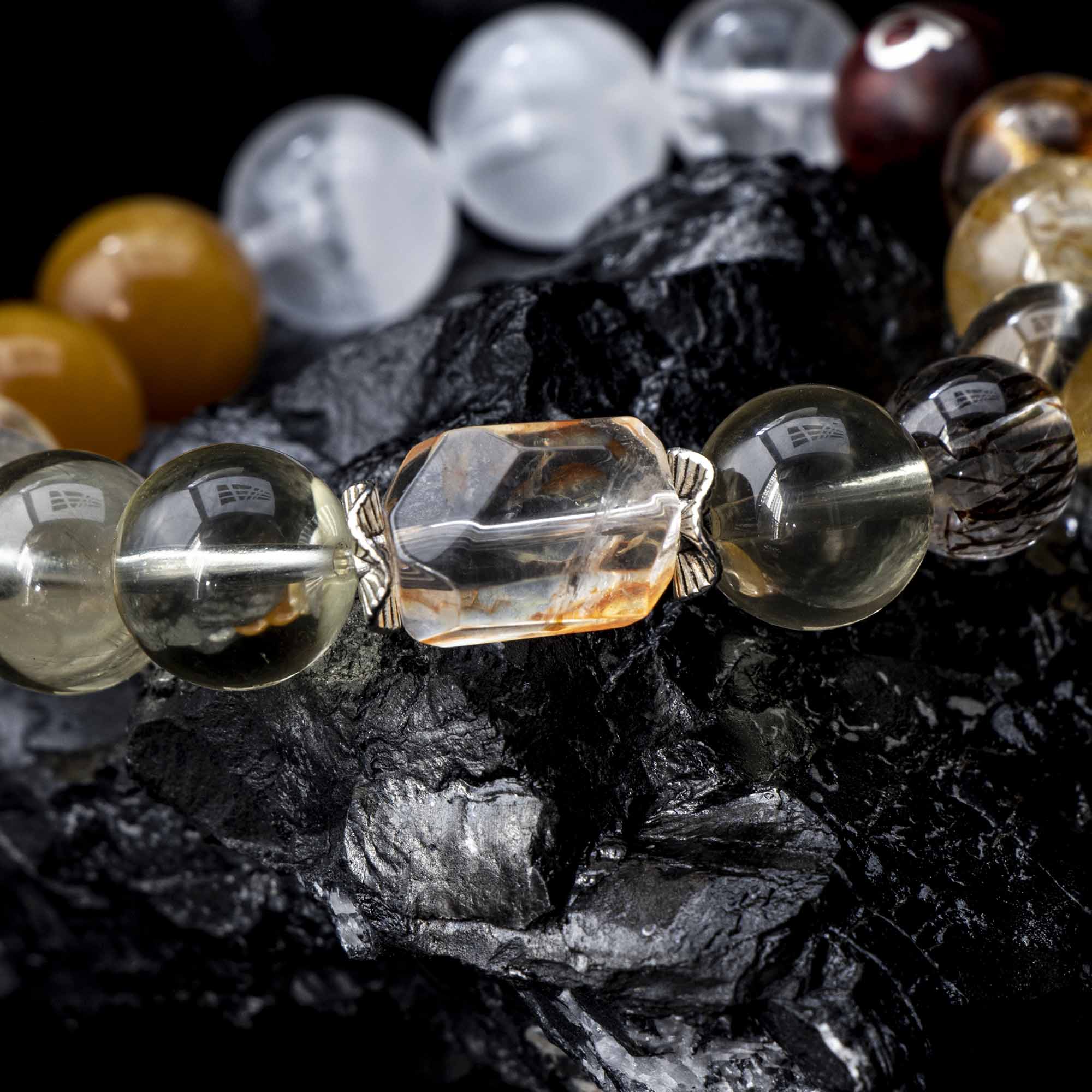 Auralyn Libra Golden Balance Super Seven Crystal Bracelet, 13–14mm Super Seven with Citrine, Flower Agate (Golden/Orange), White Phantom Quartz & Tiger’s Eye, Raw Mineral Accent, Sterling-Silver Inlaid Libra Redwood Bead, Handmade