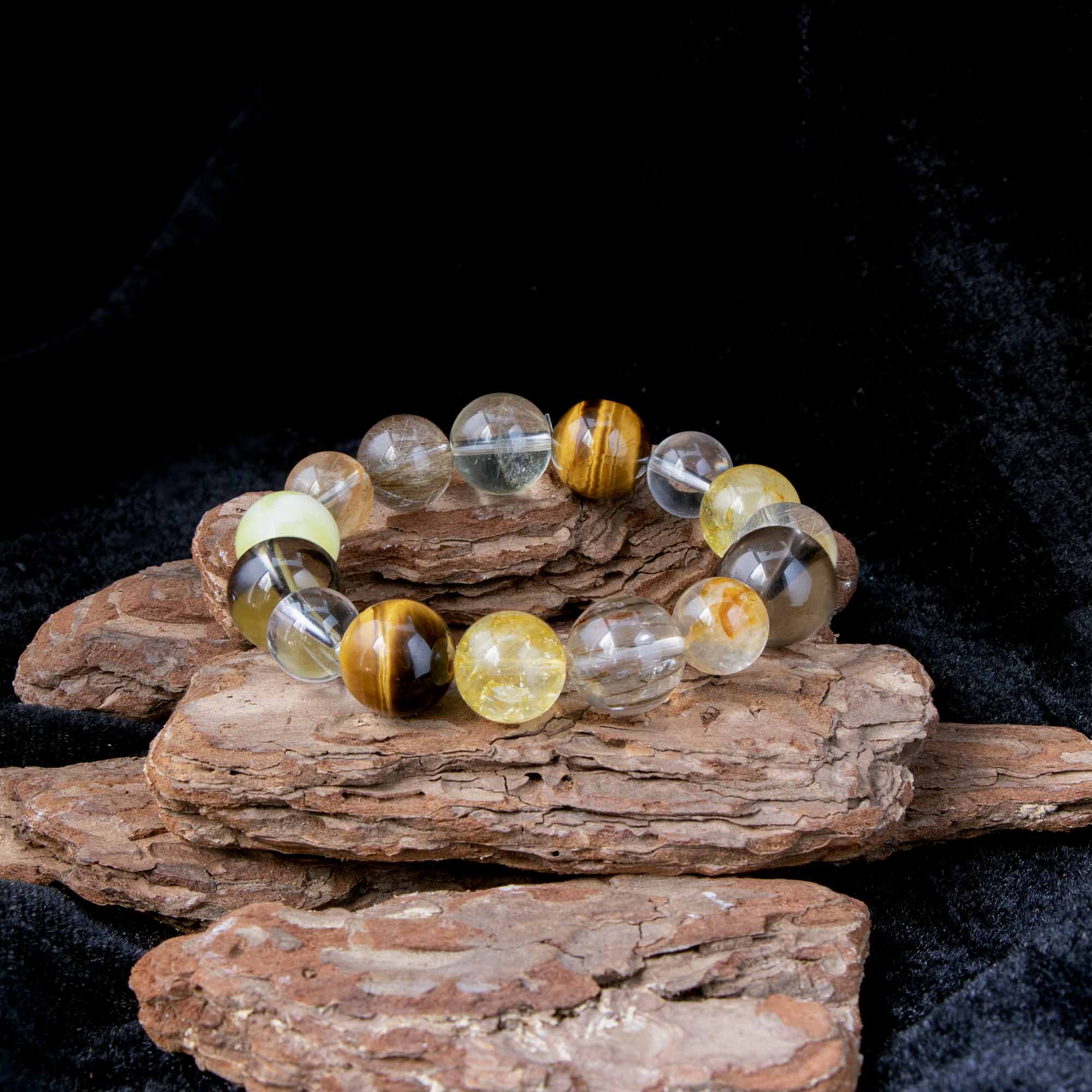 Auralyn Life Rhythm Ground & Glow Crystal Bracelet, 13–14mm Smoky Quartz, Green Quartz, Actinolite & Tourmaline Rutilated Quartz, Flower Agate, Amber, Tiger’s Eye & Red Rutilated, Handmade Energy Jewelry