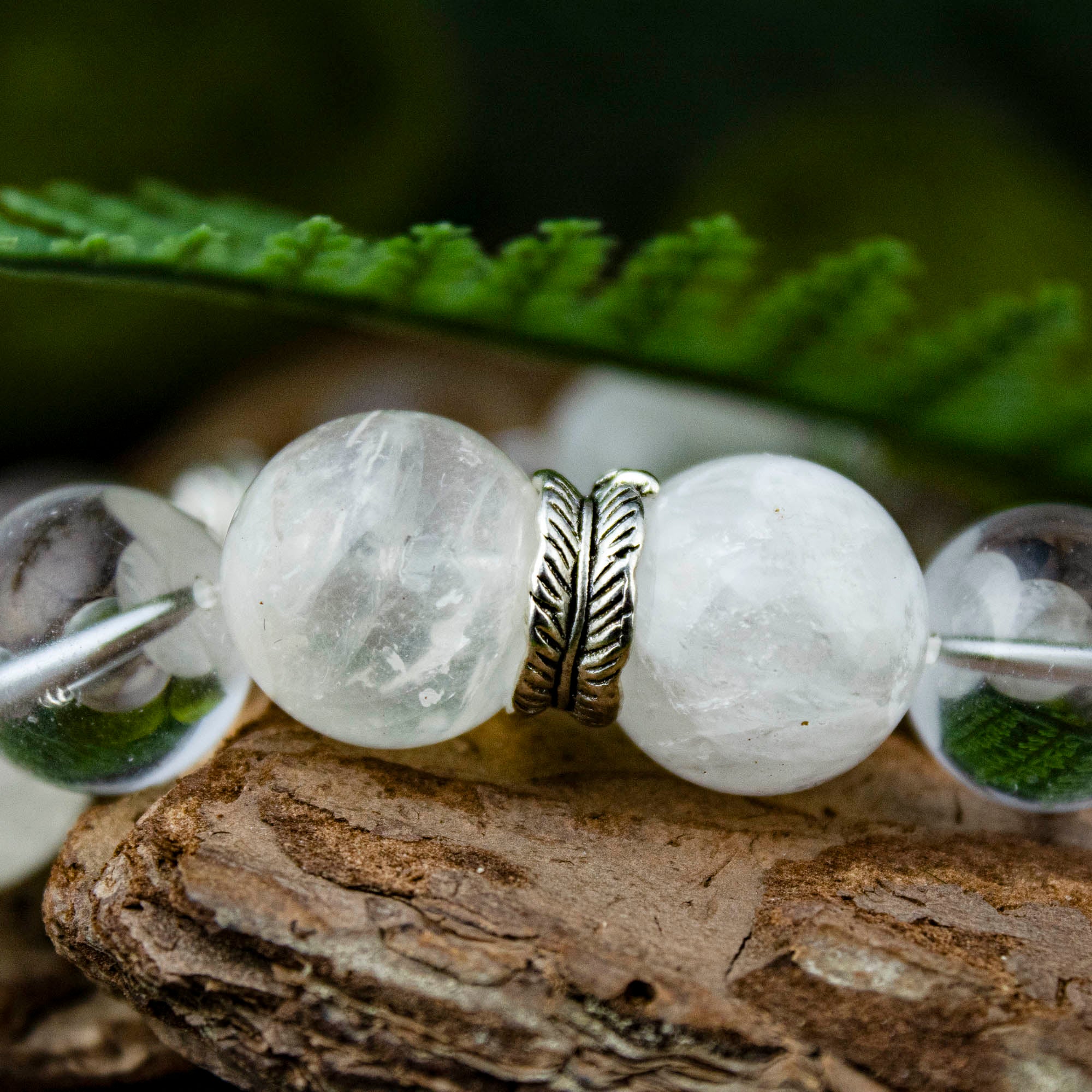 Auralyn Custom Frosted Clarity Crystal Bracelet, 13–14mm White Phantom, Clear Quartz & Silver Rutilated Quartz with Tibetan Silver Spacers & Rings, Handmade Energy Jewelry in Pure White/Transparent Tones