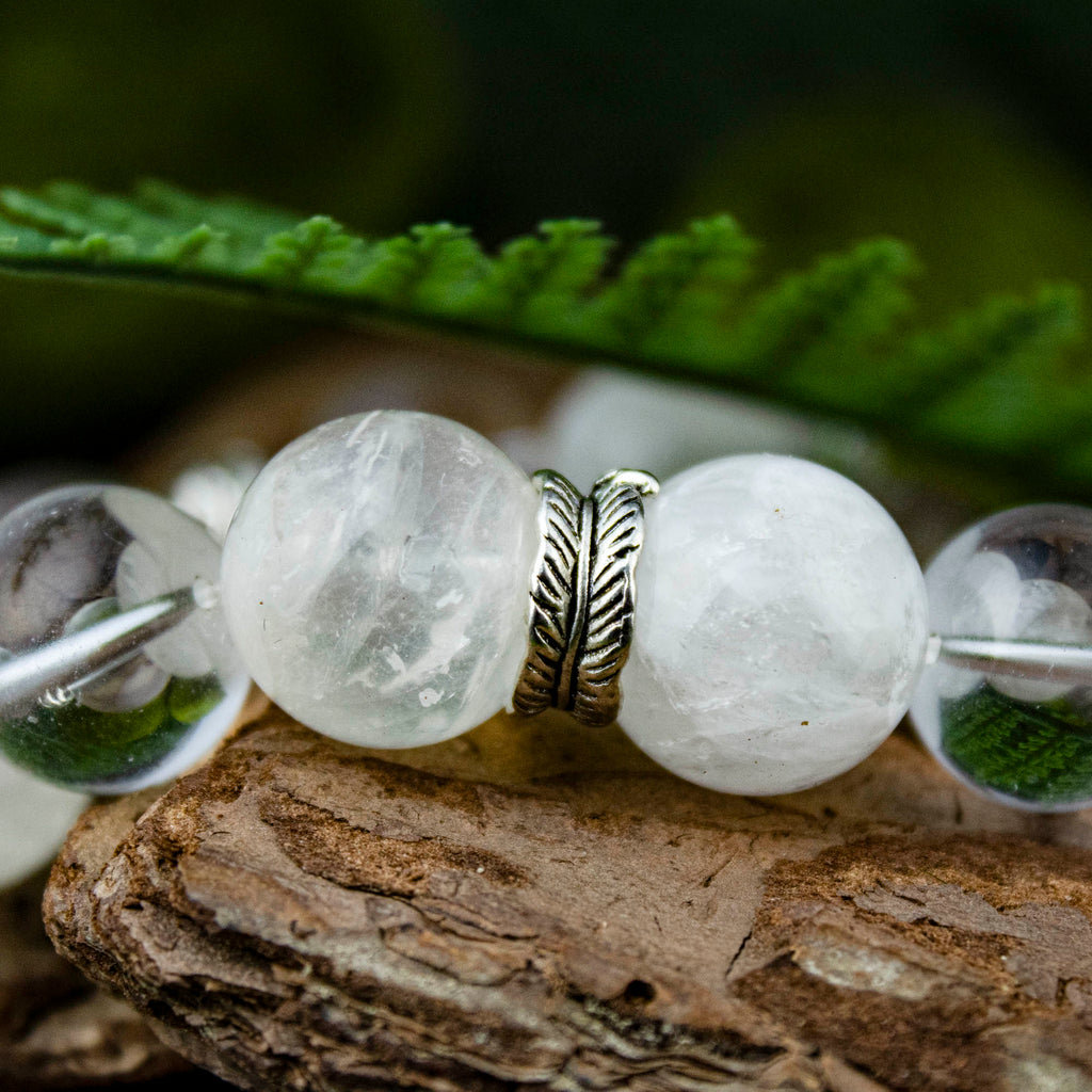 Auralyn Custom Frosted Clarity Crystal Bracelet, 13–14mm White Phantom, Clear Quartz & Silver Rutilated Quartz with Tibetan Silver Spacers & Rings, Handmade Energy Jewelry in Pure White/Transparent Tones