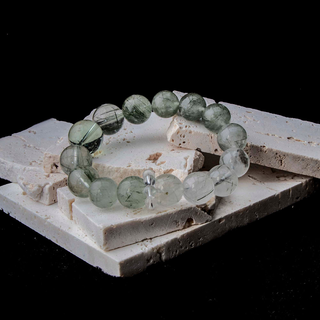 Auralyn Tarot Temperance Green Rutilated Quartz Bracelet, 13–14mm Dark & Light Green Rutilated Gradient with 16mm Green Quartz Center and Clear Quartz Runner Ring, Handmade Crystal Energy Jewelry for Balance & Growth