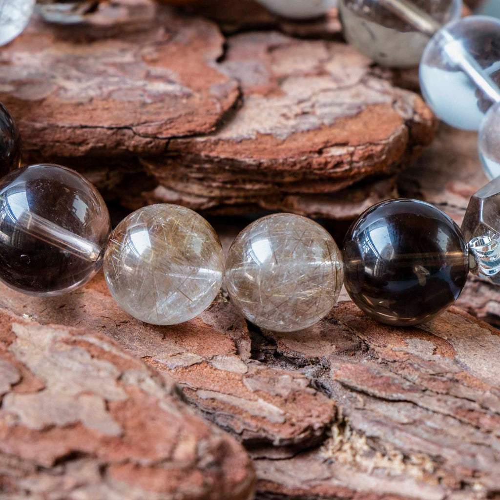 Auralyn Life Rhythm Smoky Quartz Crystal Bracelet, 13–14mm Smoky Quartz, Silver & Venus Rutilated Quartz with Clear Quartz and Wood Bead, Handmade Energy Jewelry