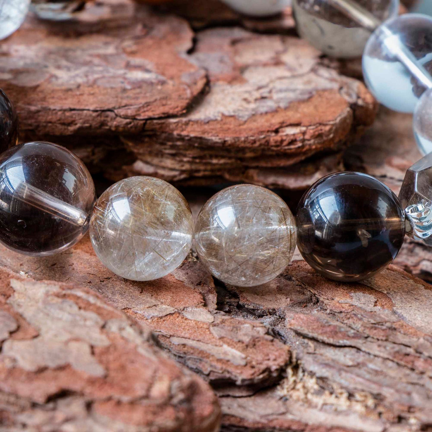 Auralyn Life Rhythm Smoky Quartz Crystal Bracelet, 13–14mm Smoky Quartz, Silver & Venus Rutilated Quartz with Clear Quartz and Wood Bead, Handmade Energy Jewelry