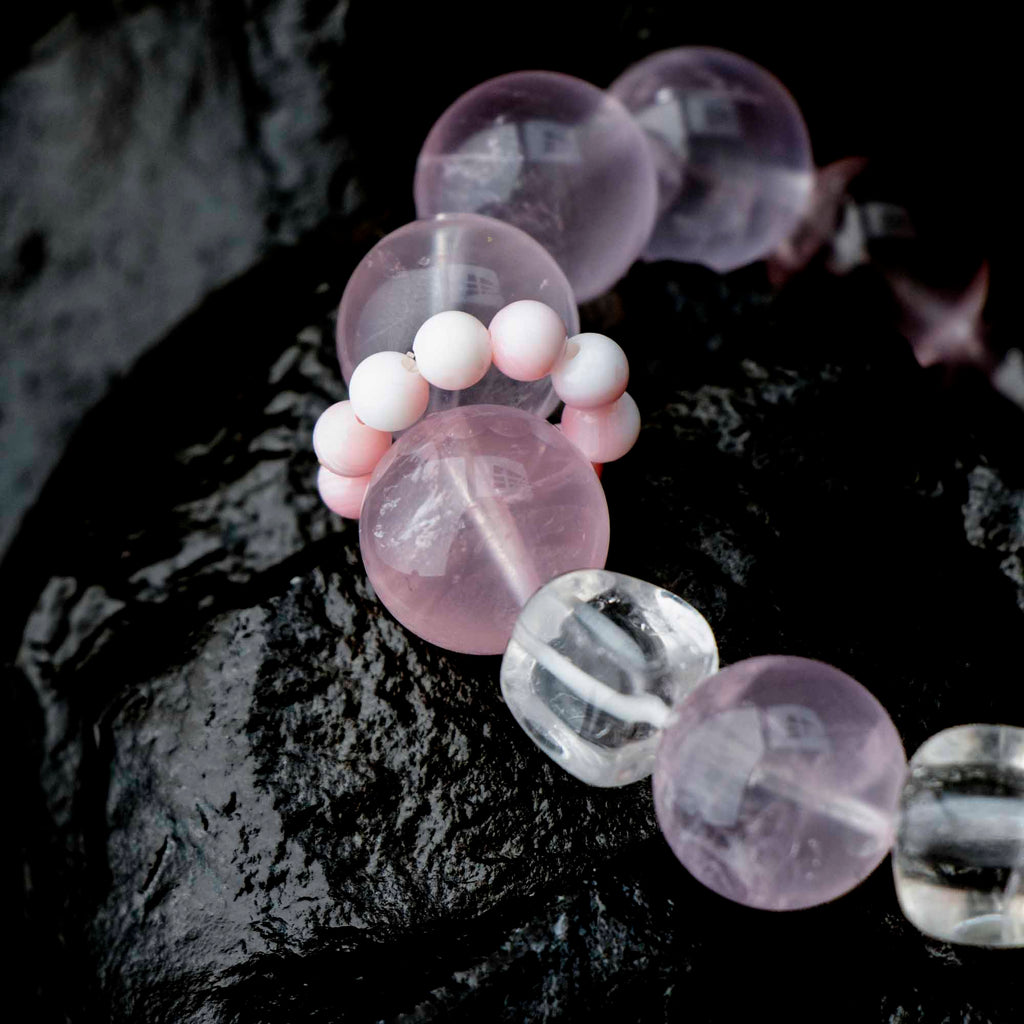 Auralyn Tarot The Lovers Rose Quartz Crystal Bracelet, 13mm Rose Quartz with 12mm Clear Quartz & 2 Irregular “Sugar Cube” Clear Quartz, Pink Agate Runner Ring, Handmade Energy Jewelry for Love & Self-Care