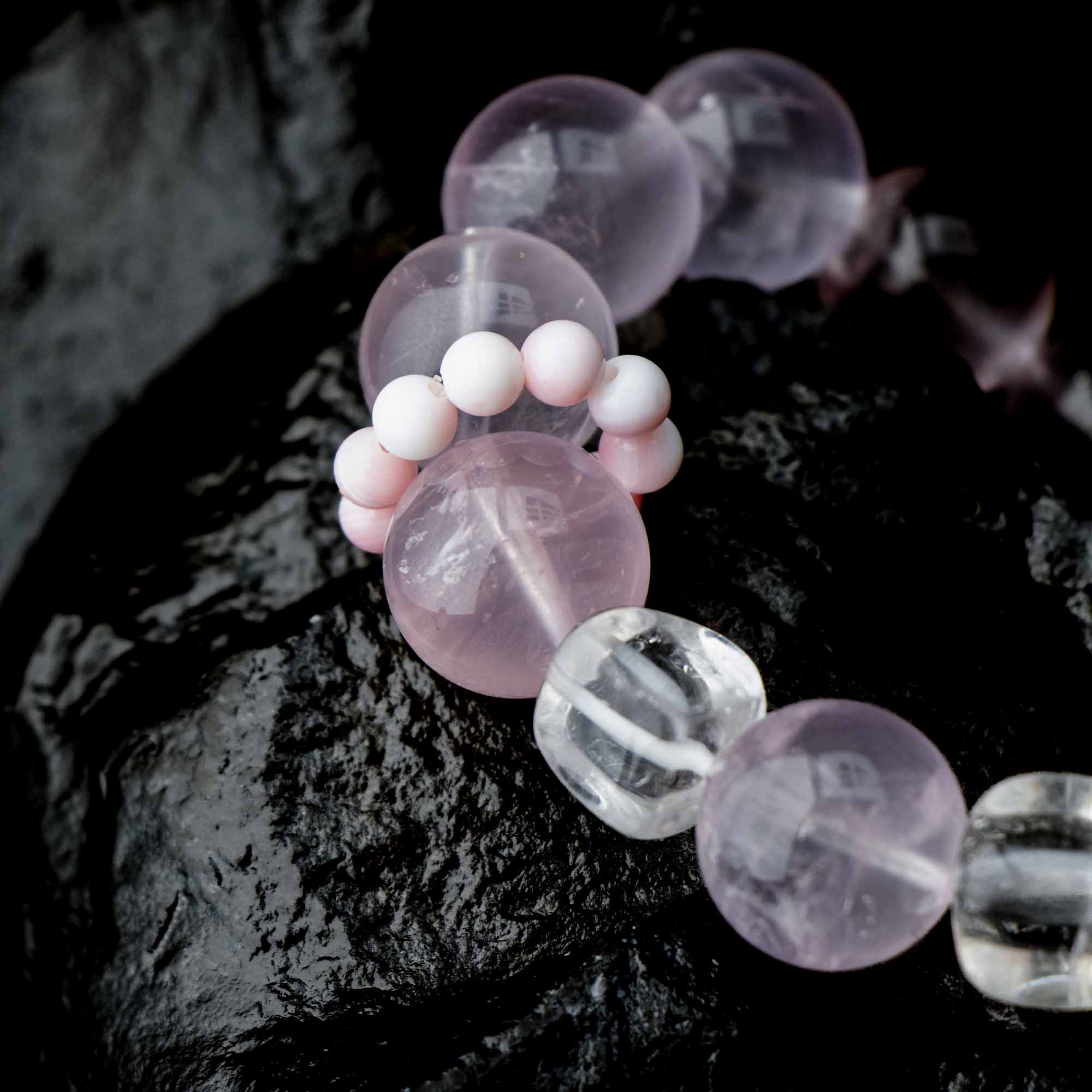 Auralyn Tarot The Lovers Rose Quartz Crystal Bracelet, 13mm Rose Quartz with 12mm Clear Quartz & 2 Irregular “Sugar Cube” Clear Quartz, Pink Agate Runner Ring, Handmade Energy Jewelry for Love & Self-Care