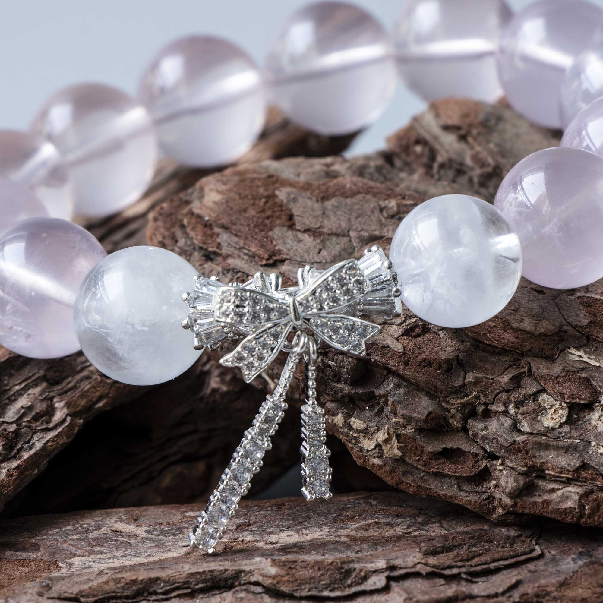 Auralyn Fluttering Bloom Rose Quartz & White Phantom Crystal Bracelet with Silver Butterfly Charm, 13–14mm Feminine Handmade Jewelry for Love, Healing & Daily Outfits