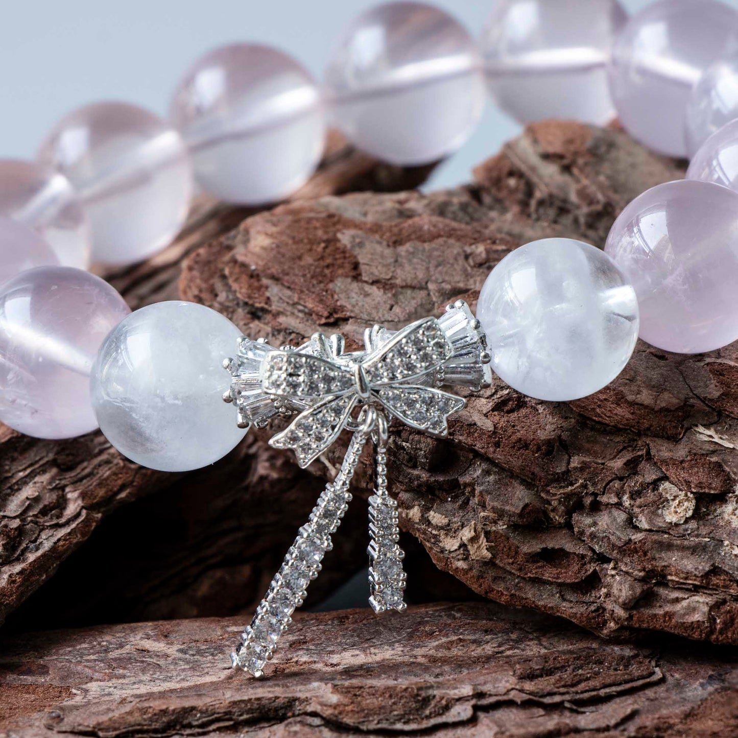 Auralyn Fluttering Bloom Rose Quartz & White Phantom Crystal Bracelet with Silver Butterfly Charm, 13–14mm Feminine Handmade Jewelry for Love, Healing & Daily Outfits