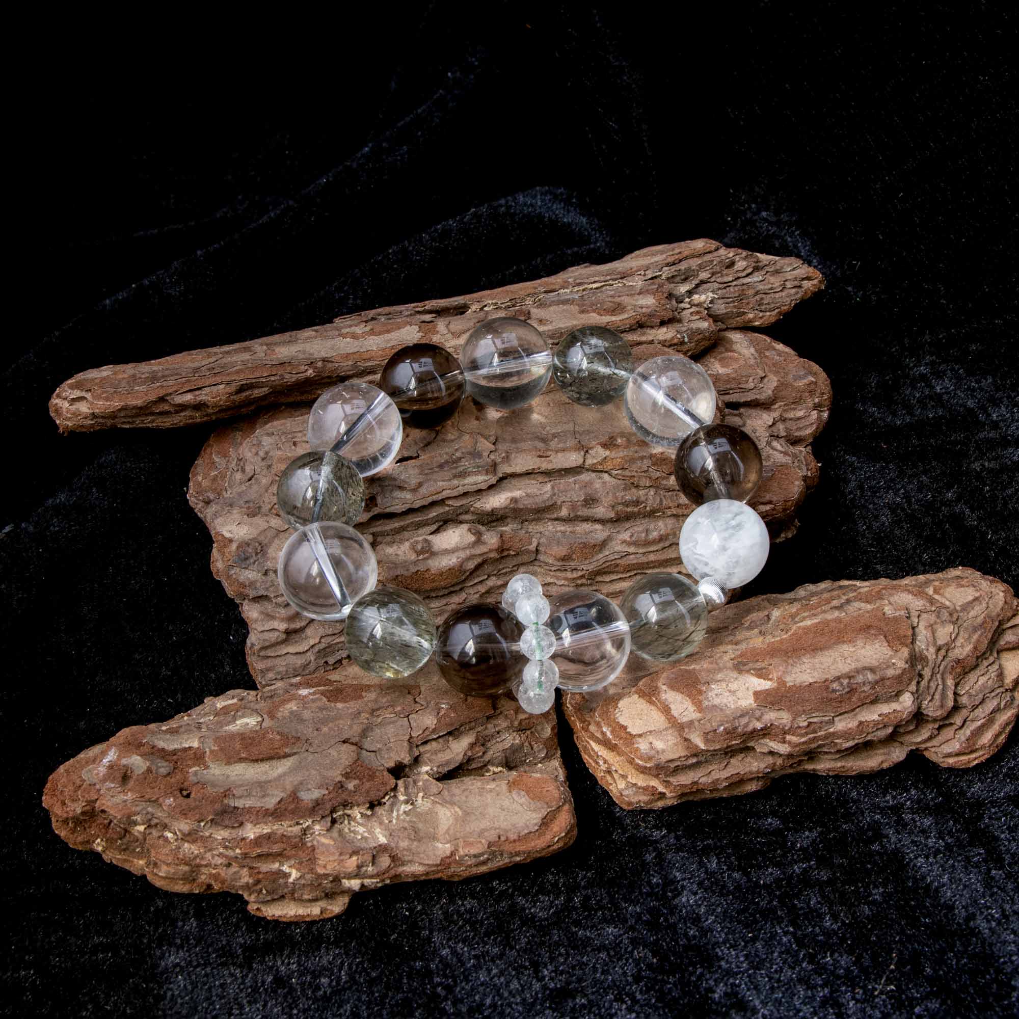 Auralyn Life Rhythm Clarity Momentum Crystal Bracelet, 14–16mm Tourmaline Rutilated Quartz with Clear Quartz, Smoky Quartz & White Phantom, Clear Quartz Runner Ring, Handmade Energy Jewelry