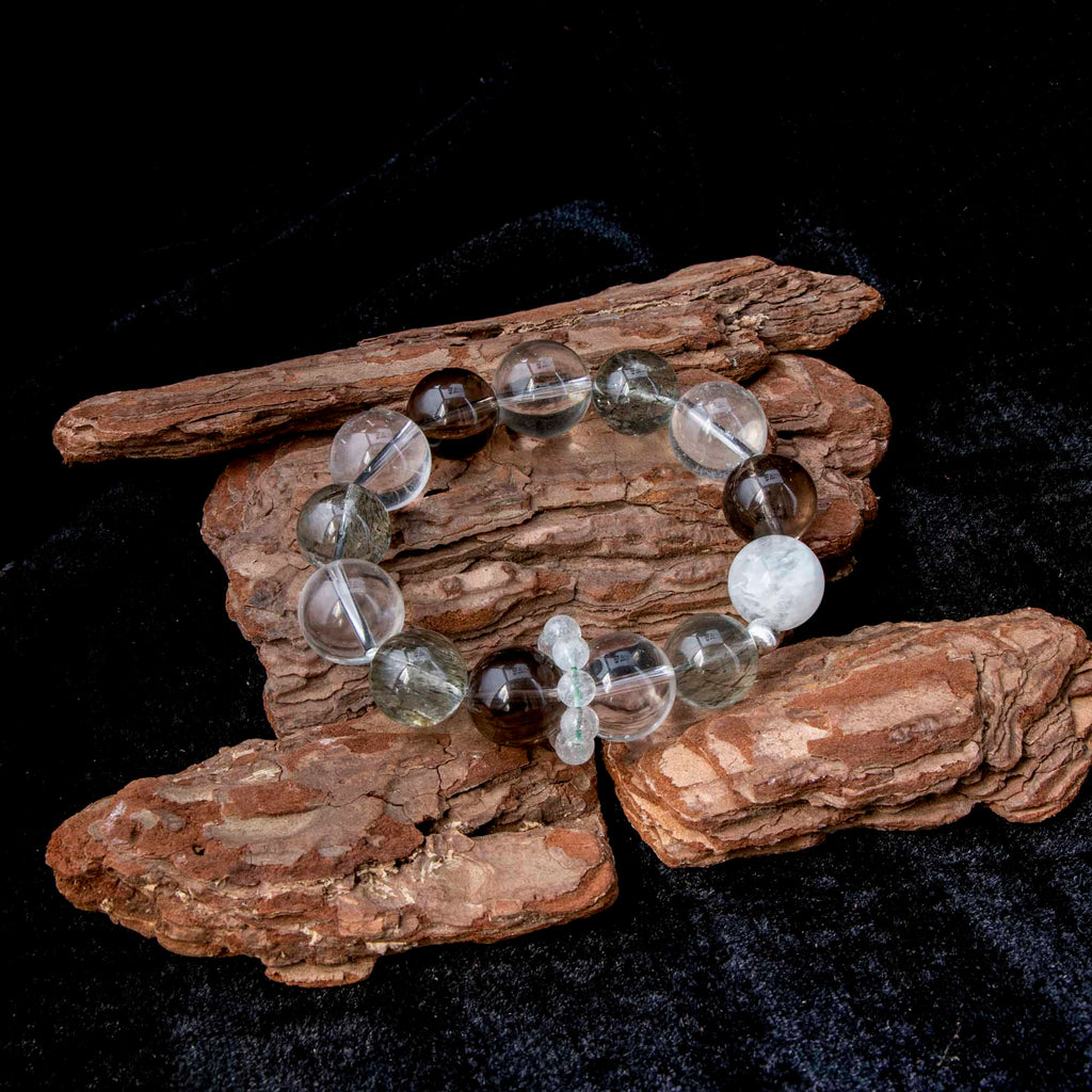 Auralyn Life Rhythm Clarity Momentum Crystal Bracelet, 14–16mm Tourmaline Rutilated Quartz with Clear Quartz, Smoky Quartz & White Phantom, Clear Quartz Runner Ring, Handmade Energy Jewelry