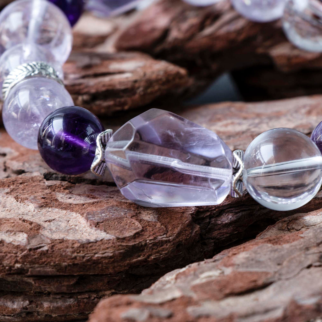 Auralyn Celestial Aura Amethyst Crystal Bracelet with Red Rutilated Quartz & Clear Quartz, 13–14mm Handmade Energy Beads, Tibetan Silver Accents, Emotional Healing & Spiritual Growth