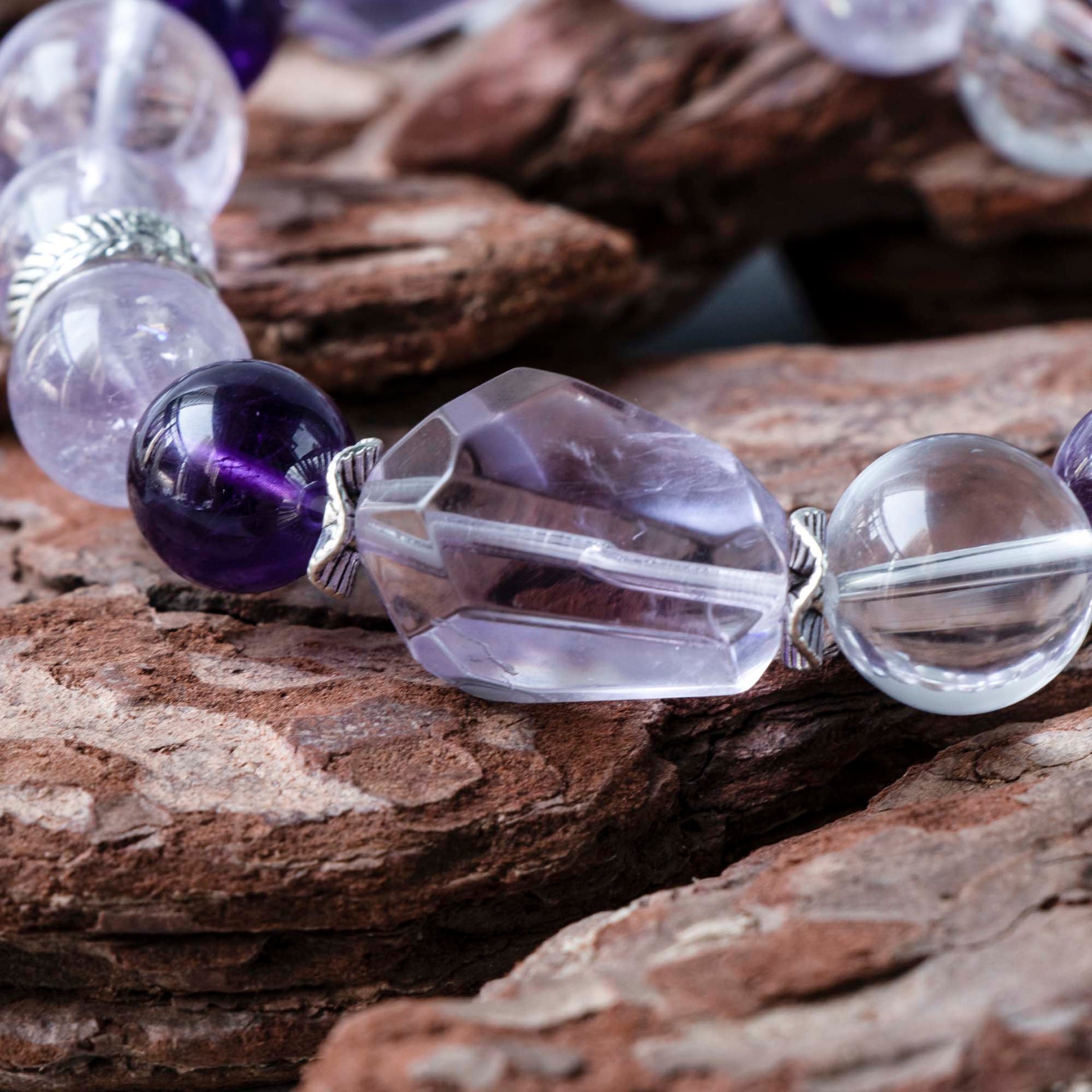 Auralyn Celestial Aura Amethyst Crystal Bracelet with Red Rutilated Quartz & Clear Quartz, 13–14mm Handmade Energy Beads, Tibetan Silver Accents, Emotional Healing & Spiritual Growth