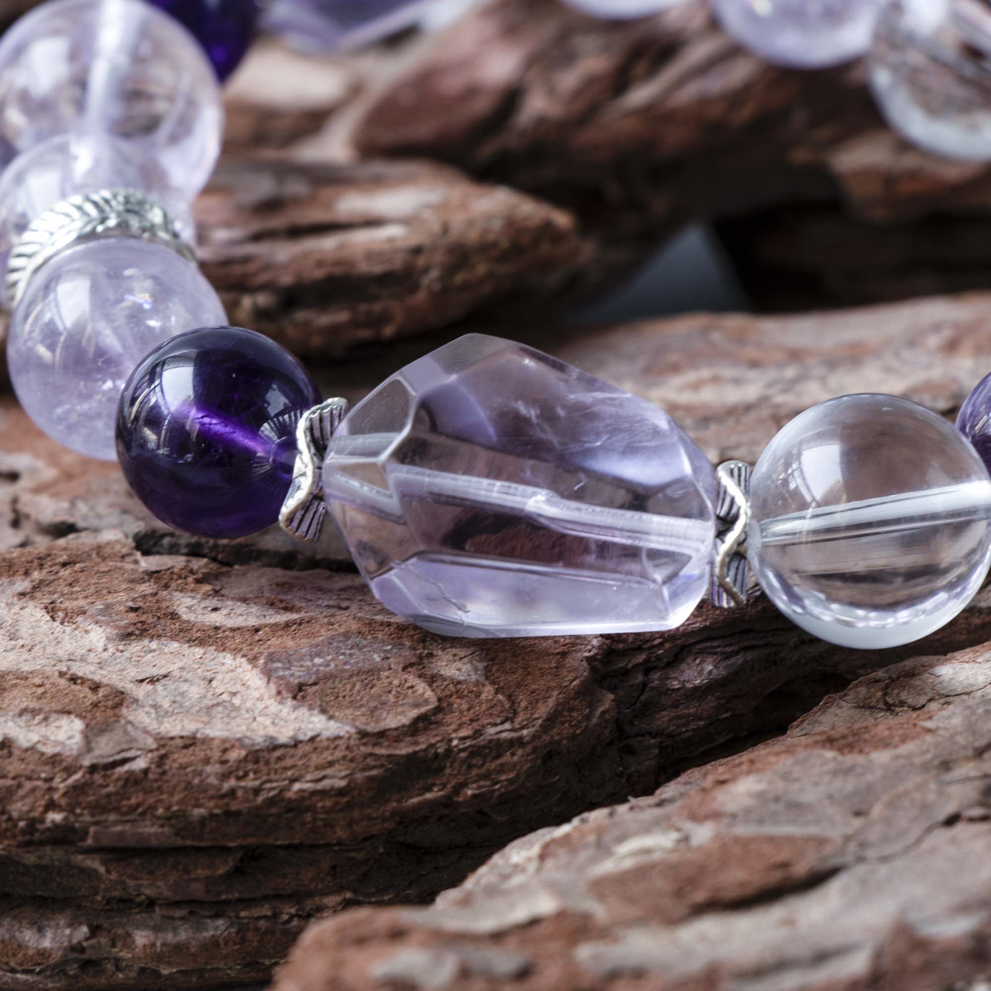 Auralyn Celestial Aura Amethyst Crystal Bracelet with Red Rutilated Quartz & Clear Quartz, 13–14mm Handmade Energy Beads, Tibetan Silver Accents, Emotional Healing & Spiritual Growth