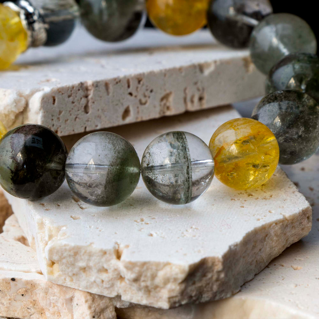 Auralyn Tarot The Empress Green Phantom Crystal Bracelet, 13–14mm Garden Quartz with Impression Jasper, Golden Flower Agate & Tourmaline Rutilated Quartz, Silver Feather Spacer, Handmade Energy Jewelry