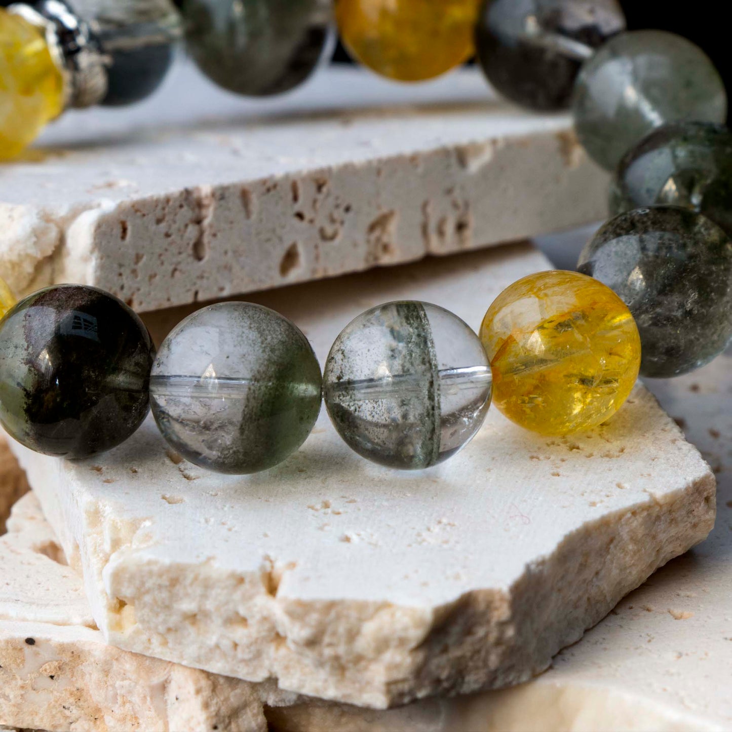 Auralyn Tarot The Empress Green Phantom Crystal Bracelet, 13–14mm Garden Quartz with Impression Jasper, Golden Flower Agate & Tourmaline Rutilated Quartz, Silver Feather Spacer, Handmade Energy Jewelry
