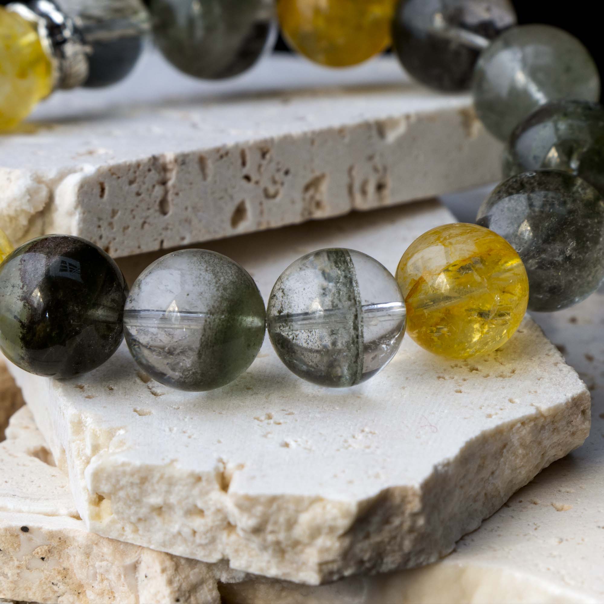 Auralyn Tarot The Empress Green Phantom Crystal Bracelet, 13–14mm Garden Quartz with Impression Jasper, Golden Flower Agate & Tourmaline Rutilated Quartz, Silver Feather Spacer, Handmade Energy Jewelry