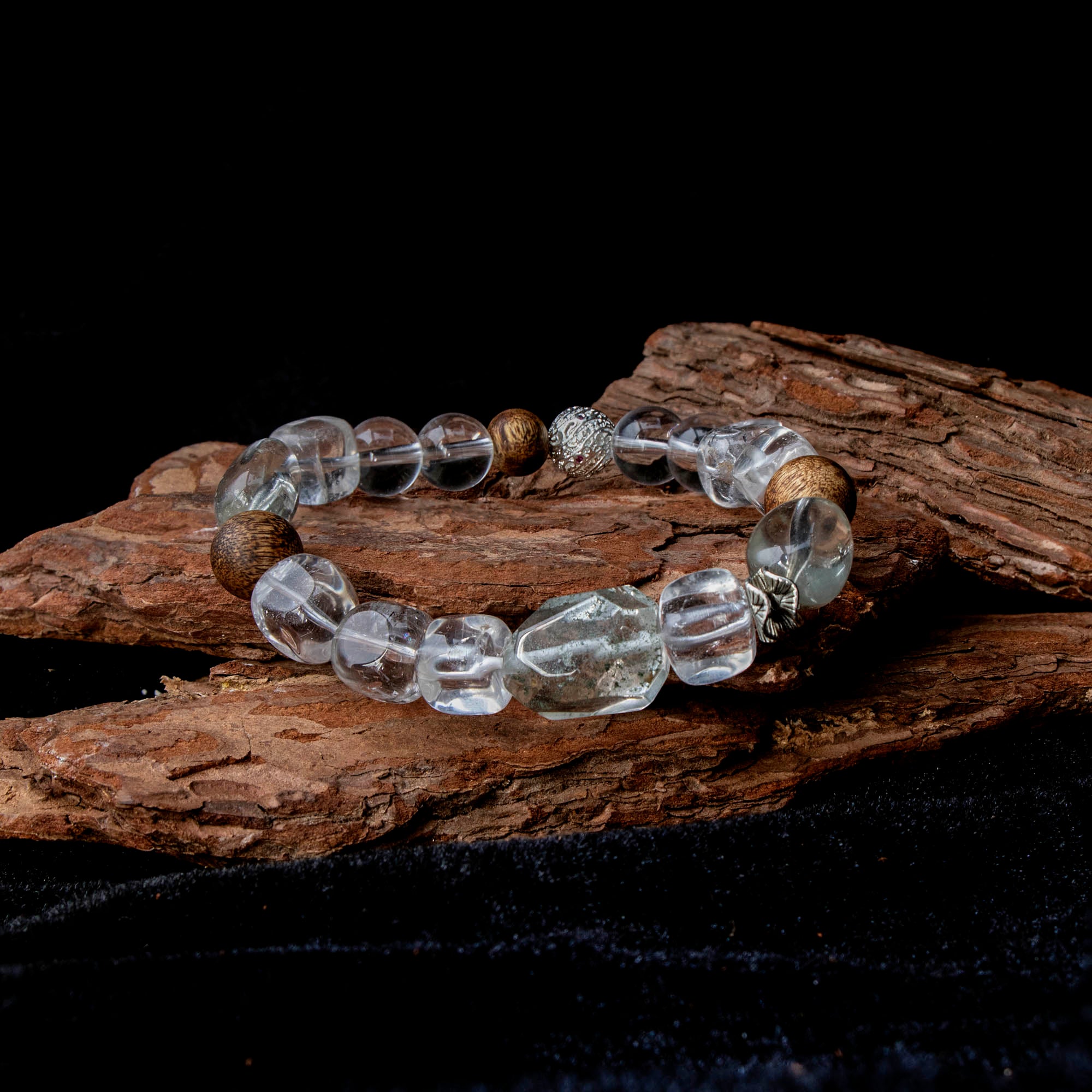 Auralyn Tarot The Star Clear & Green Quartz Crystal Bracelet, 12–13mm Clear Quartz with Oval Green Quartz, Irregular Green Phantom & Herkimer-Style Cube, Agarwood Bead, Tibetan Silver & Silver-Plated Accents, Handmade