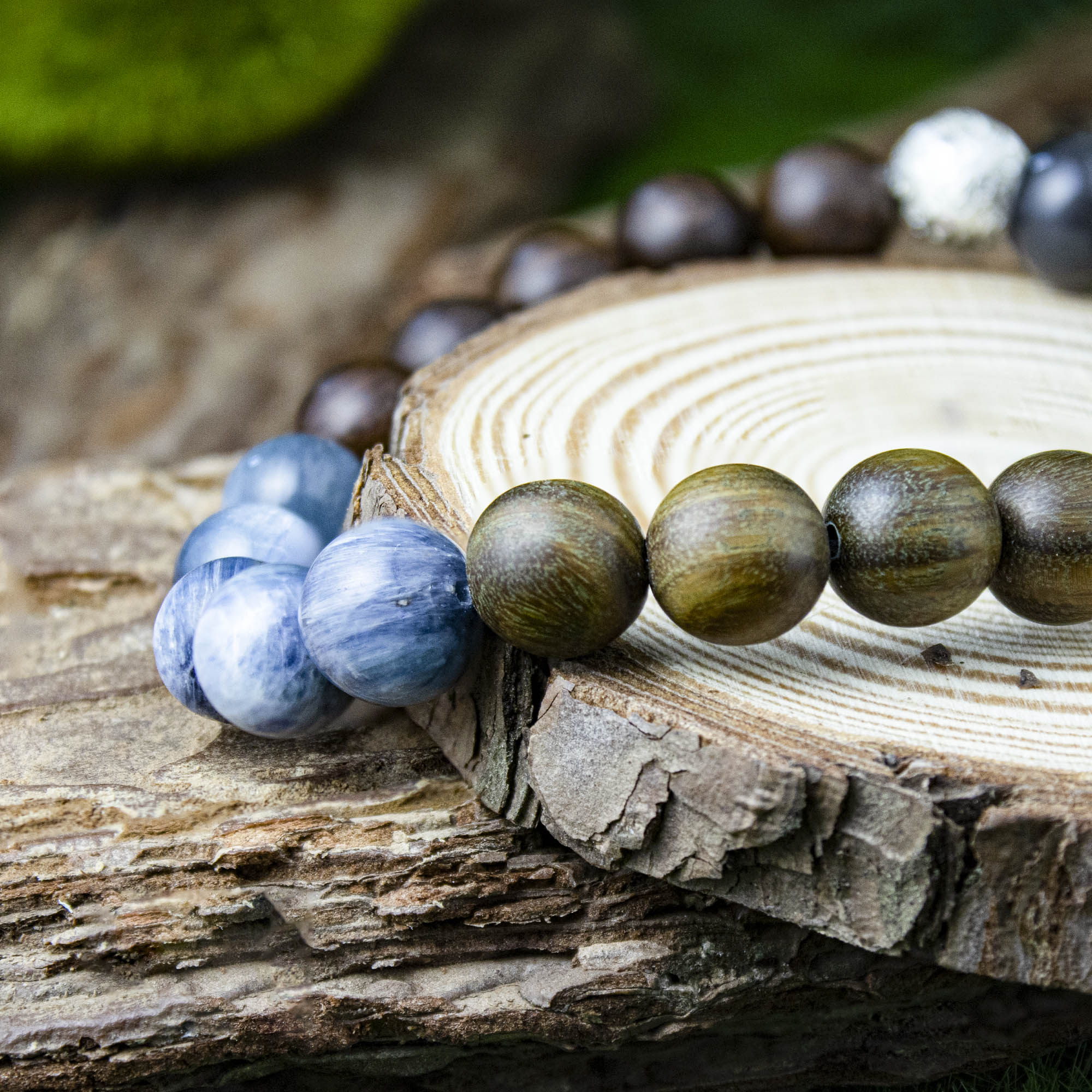 Auralyn Custom Kyanite Nightwood Crystal Bracelet, 10–12mm Kyanite with Black Tourmalinated/“Backbone” Quartz, Black Labradorite, Red & Green Sandalwood Beads and Filigree Silver Spacer, Handmade Energy Jewelry