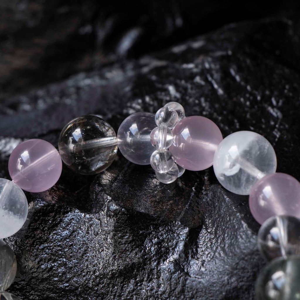 Auralyn Garden of Light Crystal Bracelet, 13–14mm White Phantom, Rose Quartz, Green Phantom, Green Rutilated & Tourmaline Rutilated Quartz with Clear Quartz Spacers, Handmade Energy Jewelry