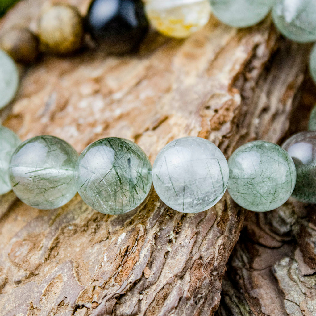 Auralyn Custom Forest Breath Green Rutilated Quartz Bracelet, 13–14mm Dark & Light Green Rutile with Starry Garden Phantom, Golden Flower Agate, Silver Obsidian & Two Agarwood Beads, Handmade Energy Jewelry