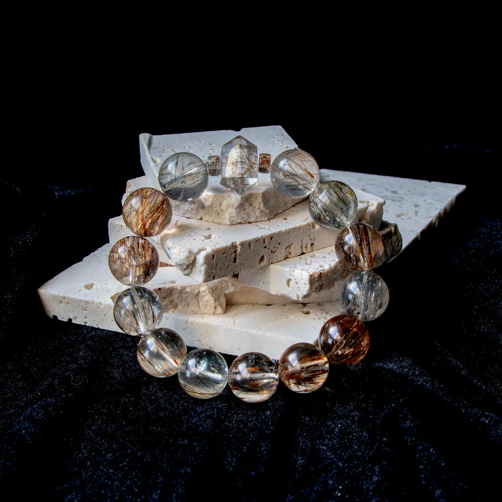 Auralyn Tarot The Magician Black-Gold Super Seven Crystal Bracelet, 13–14mm Super Seven with Tourmaline Rutilated Quartz & Raw Irregular Super Seven Accent, Natural Minerals, Handmade Energy Jewelry