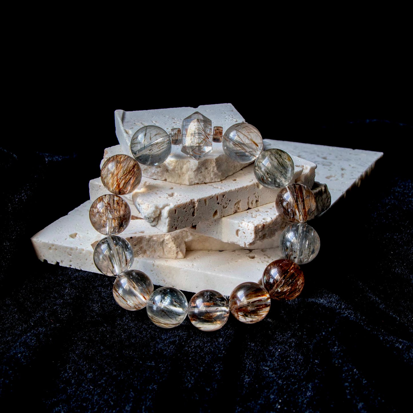 Auralyn Tarot The Magician Black-Gold Super Seven Crystal Bracelet, 13–14mm Super Seven with Tourmaline Rutilated Quartz & Raw Irregular Super Seven Accent, Natural Minerals, Handmade Energy Jewelry