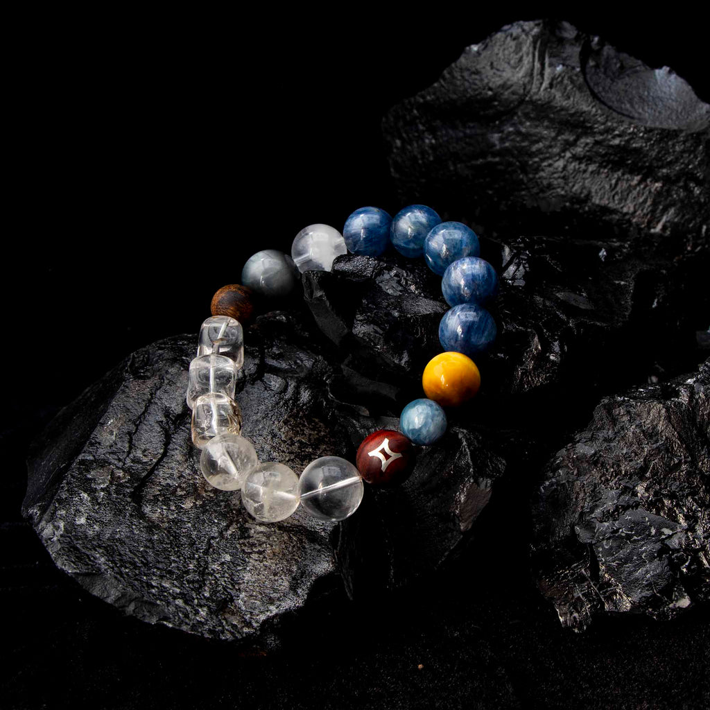 Auralyn Gemini Celestial Flow Crystal Bracelet, 13–14mm Kyanite, Blue Tiger Eye, Aquamarine, White Phantom, Clear Quartz & Herkimer Diamond with 9mm Agarwood and Sterling Silver Gemini Bead, Handmade Zodiac Energy Jewelry