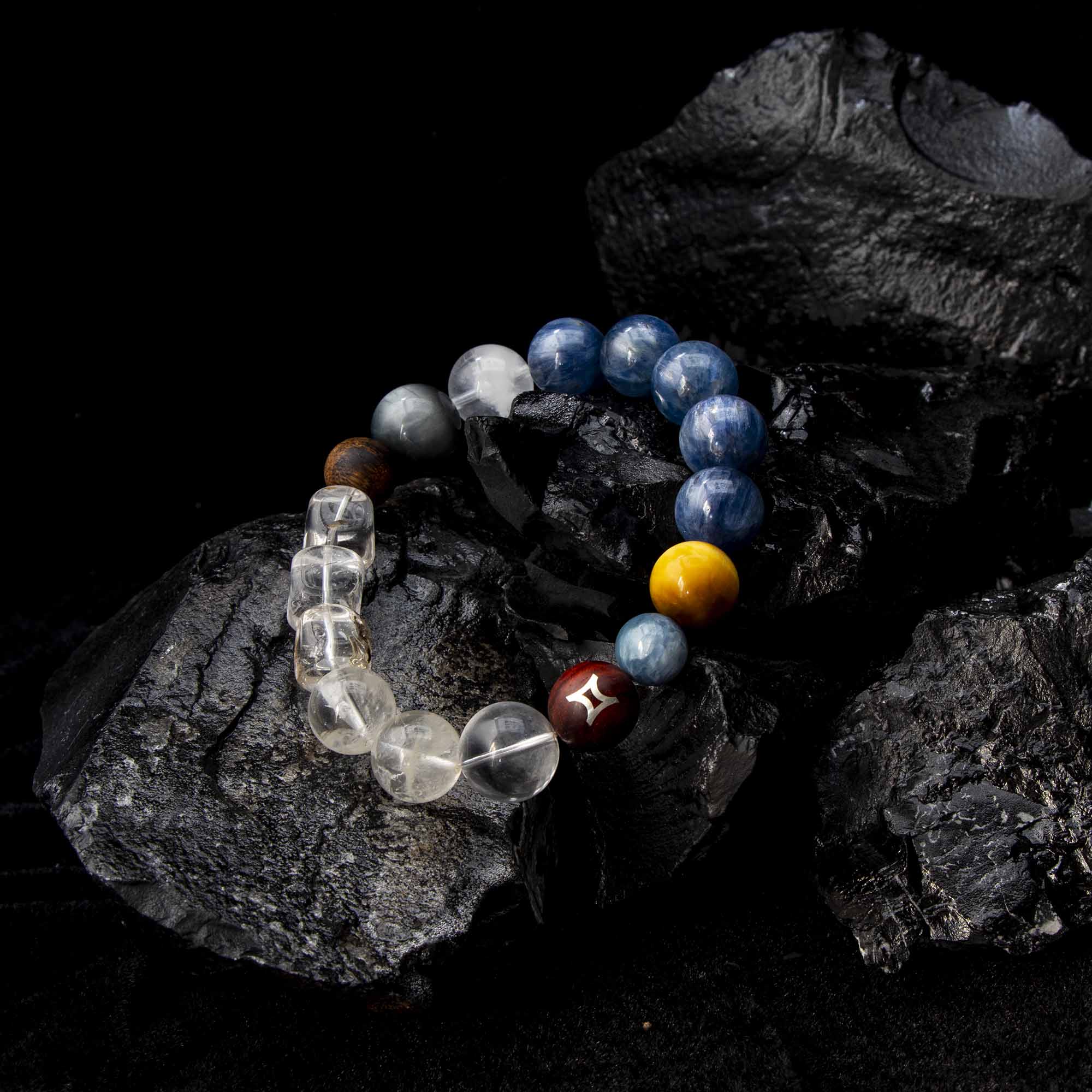 Auralyn Gemini Celestial Flow Crystal Bracelet, 13–14mm Kyanite, Blue Tiger Eye, Aquamarine, White Phantom, Clear Quartz & Herkimer Diamond with 9mm Agarwood and Sterling Silver Gemini Bead, Handmade Zodiac Energy Jewelry