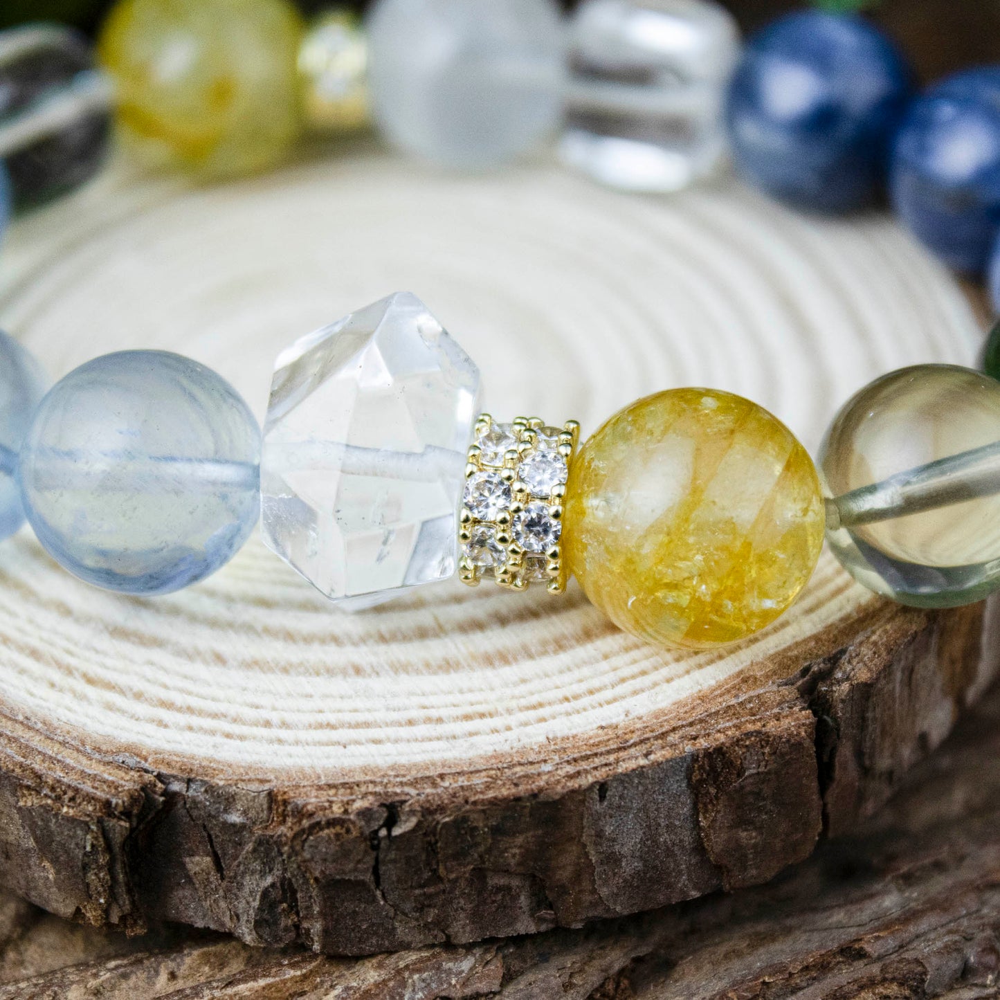 Auralyn Tarot Temperance Blue–Gold Crystal Bracelet, 13–14mm Kyanite, Aquamarine, White Phantom & Citrine with Golden Flower Agate, Herkimer-Style Irregular & Sugar-Cube Accents, Gold-Plated Spacers, Handmade Energy Jewelry