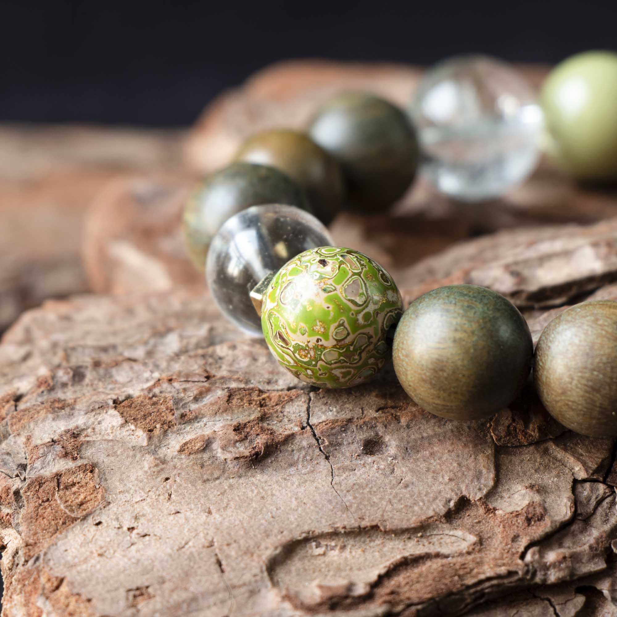 Auralyn Custom Verdant Renewal Crystal Bracelet, 11–12mm Clear Quartz, Green Phantom, Green Sandalwood & Light Avocado Tones with Bi-Color Clear+Citrine Irregular Bead and Silver-Plated Spacers, Handmade Energy Jewelry