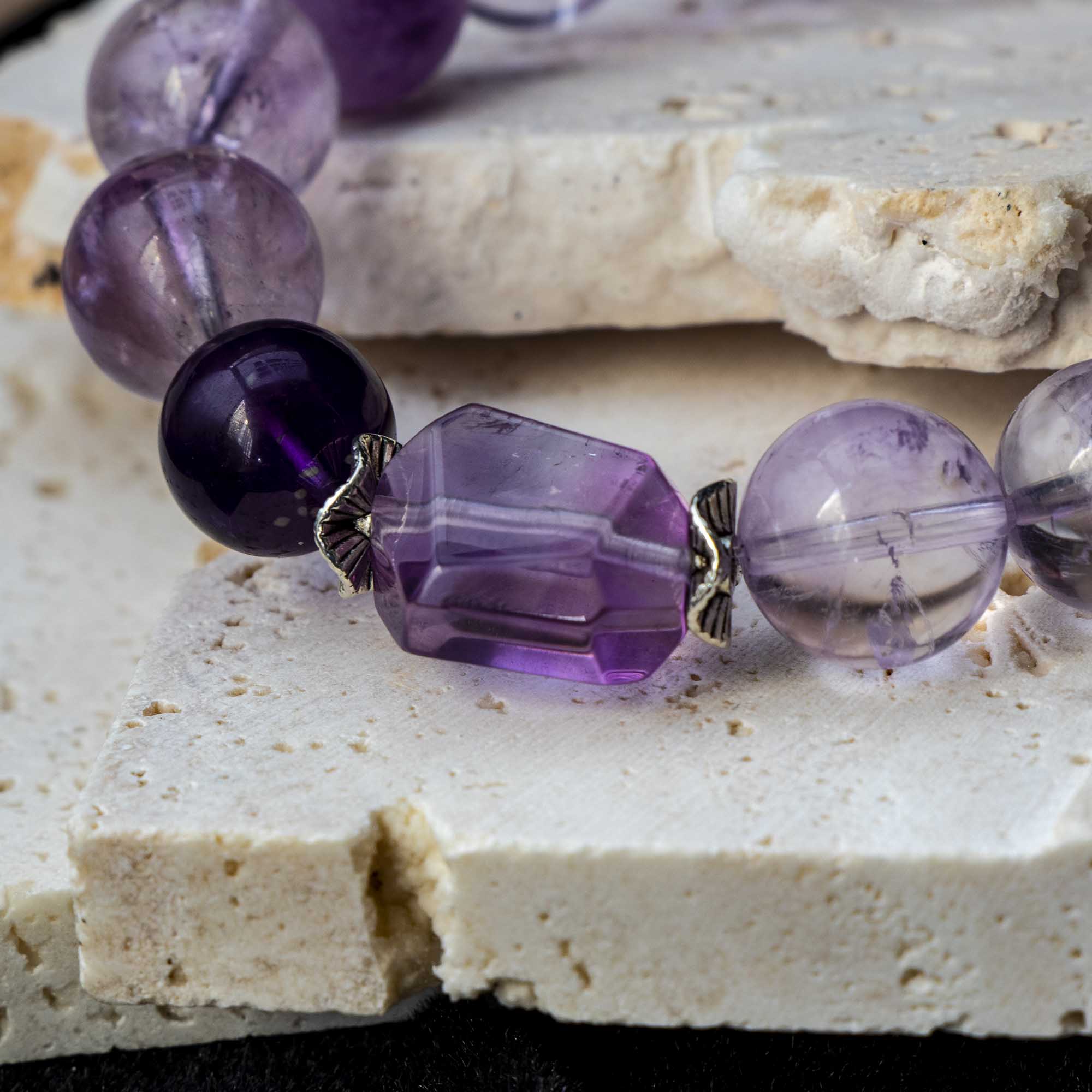 Auralyn Capricorn Amethyst Ascend Crystal Bracelet, 13–14mm Gradient Amethyst Beads with Irregular Amethyst, Tibetan Silver Spacers & Sterling Silver Capricorn Inlaid Redwood Bead, Handmade Zodiac Energy Jewelry for Wisdom & Success