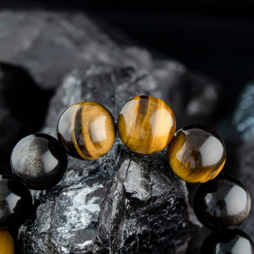 Celestial Guardian Bracelet – Tiger’s Eye & Silver Obsidian with Tibetan Silver Rings | Protective Energy Gift