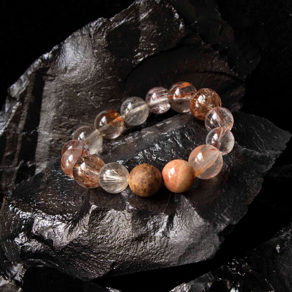 Auralyn Life Rhythm Blooming Flame Crystal Bracelet, 13–14mm Flower Agate, Red & Silver Rutilated Quartz with Natural Agarwood Bead (Subtle Aroma), Handmade Energy Jewelry for Love, Confidence & Grounding