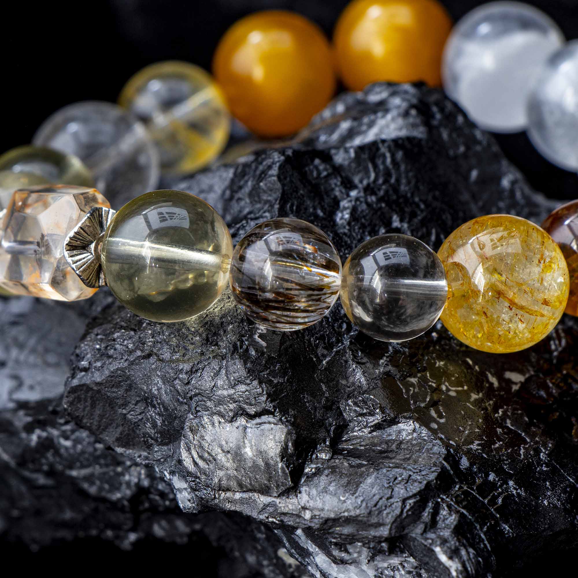 Auralyn Libra Golden Balance Super Seven Crystal Bracelet, 13–14mm Super Seven with Citrine, Flower Agate (Golden/Orange), White Phantom Quartz & Tiger’s Eye, Raw Mineral Accent, Sterling-Silver Inlaid Libra Redwood Bead, Handmade