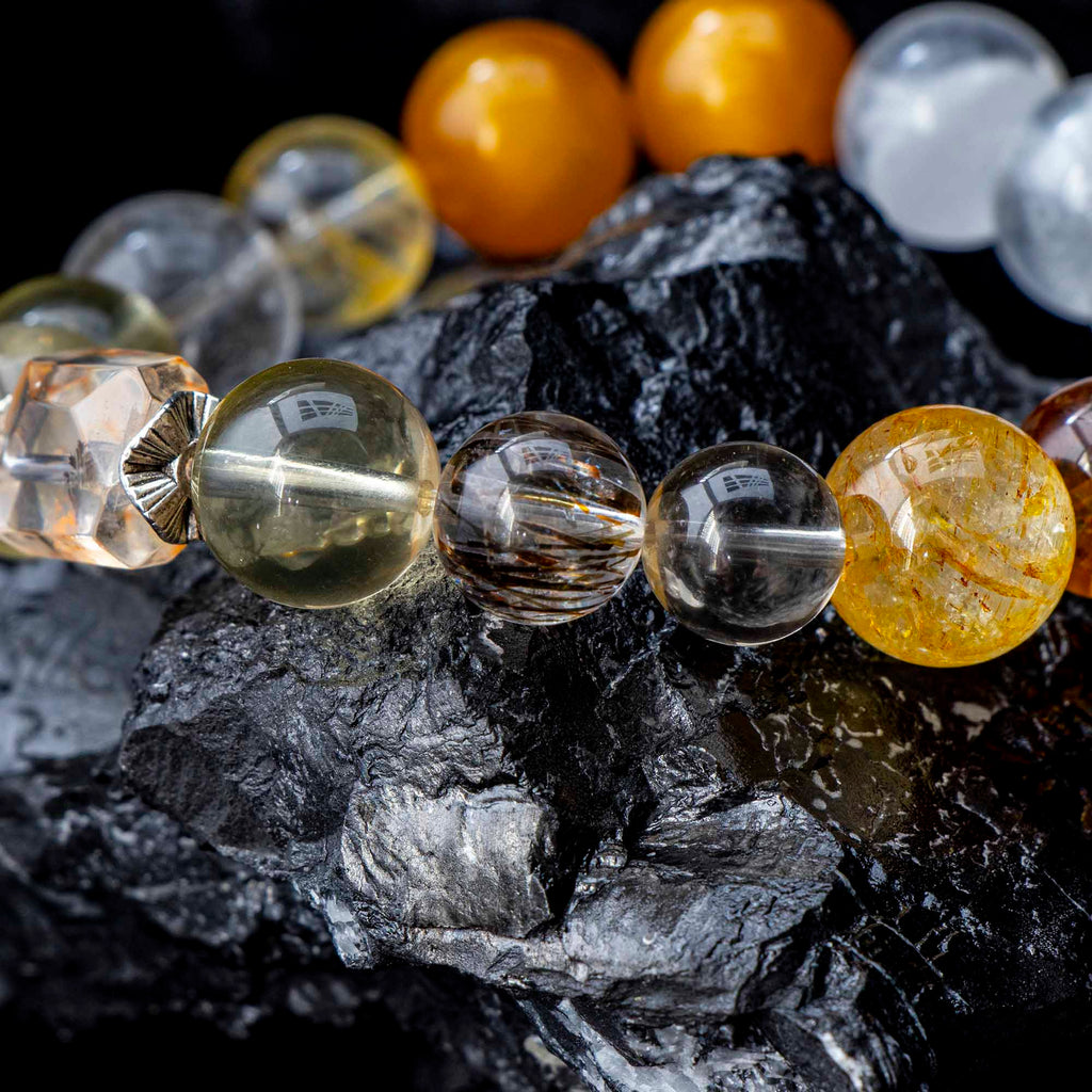 Auralyn Libra Golden Balance Super Seven Crystal Bracelet, 13–14mm Super Seven with Citrine, Flower Agate (Golden/Orange), White Phantom Quartz & Tiger’s Eye, Raw Mineral Accent, Sterling-Silver Inlaid Libra Redwood Bead, Handmade