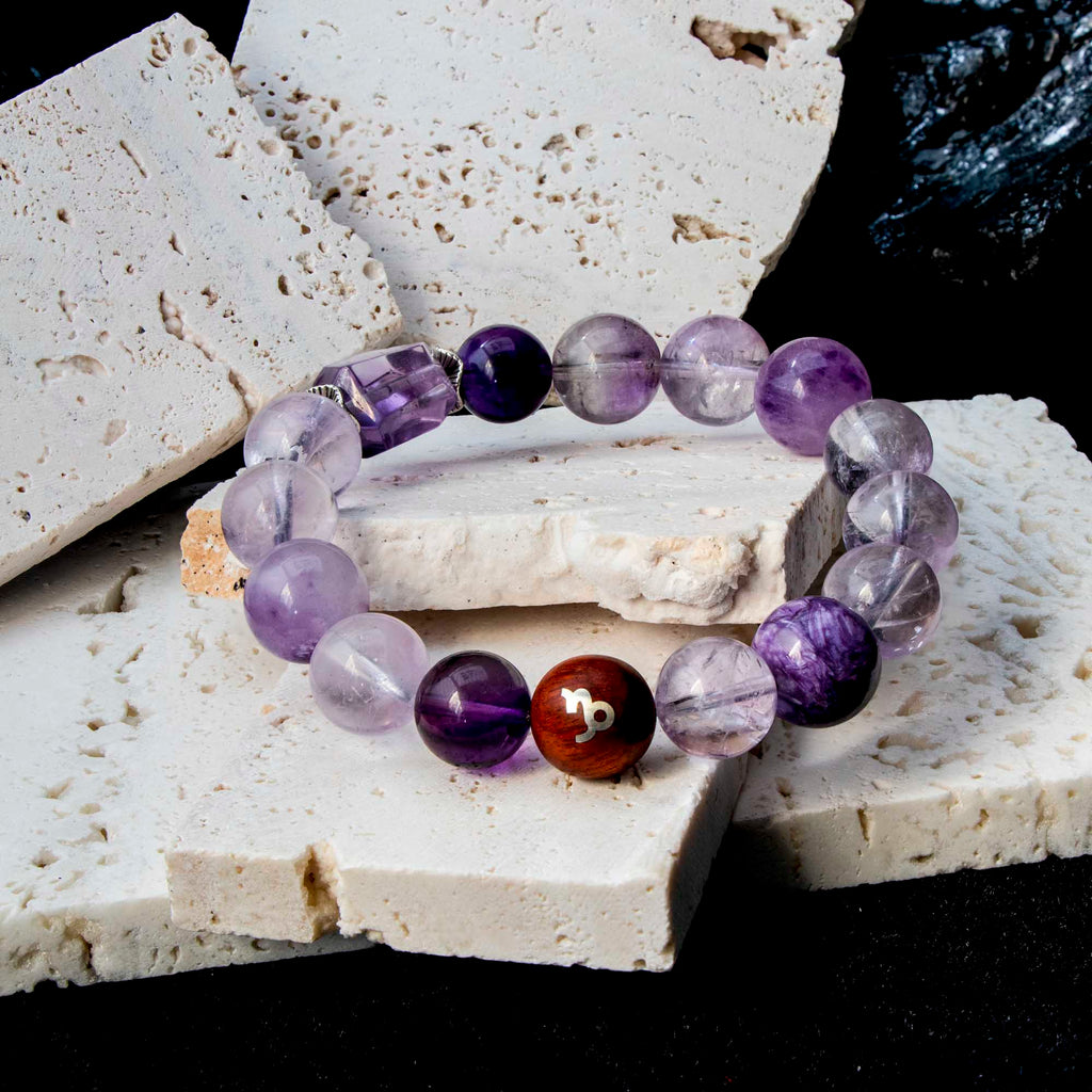 Auralyn Capricorn Amethyst Ascend Crystal Bracelet, 13–14mm Gradient Amethyst Beads with Irregular Amethyst, Tibetan Silver Spacers & Sterling Silver Capricorn Inlaid Redwood Bead, Handmade Zodiac Energy Jewelry for Wisdom & Success