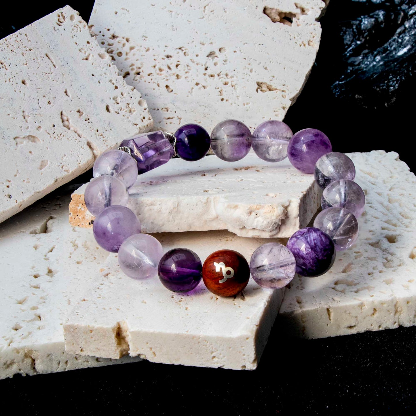 Auralyn Capricorn Amethyst Ascend Crystal Bracelet, 13–14mm Gradient Amethyst Beads with Irregular Amethyst, Tibetan Silver Spacers & Sterling Silver Capricorn Inlaid Redwood Bead, Handmade Zodiac Energy Jewelry for Wisdom & Success