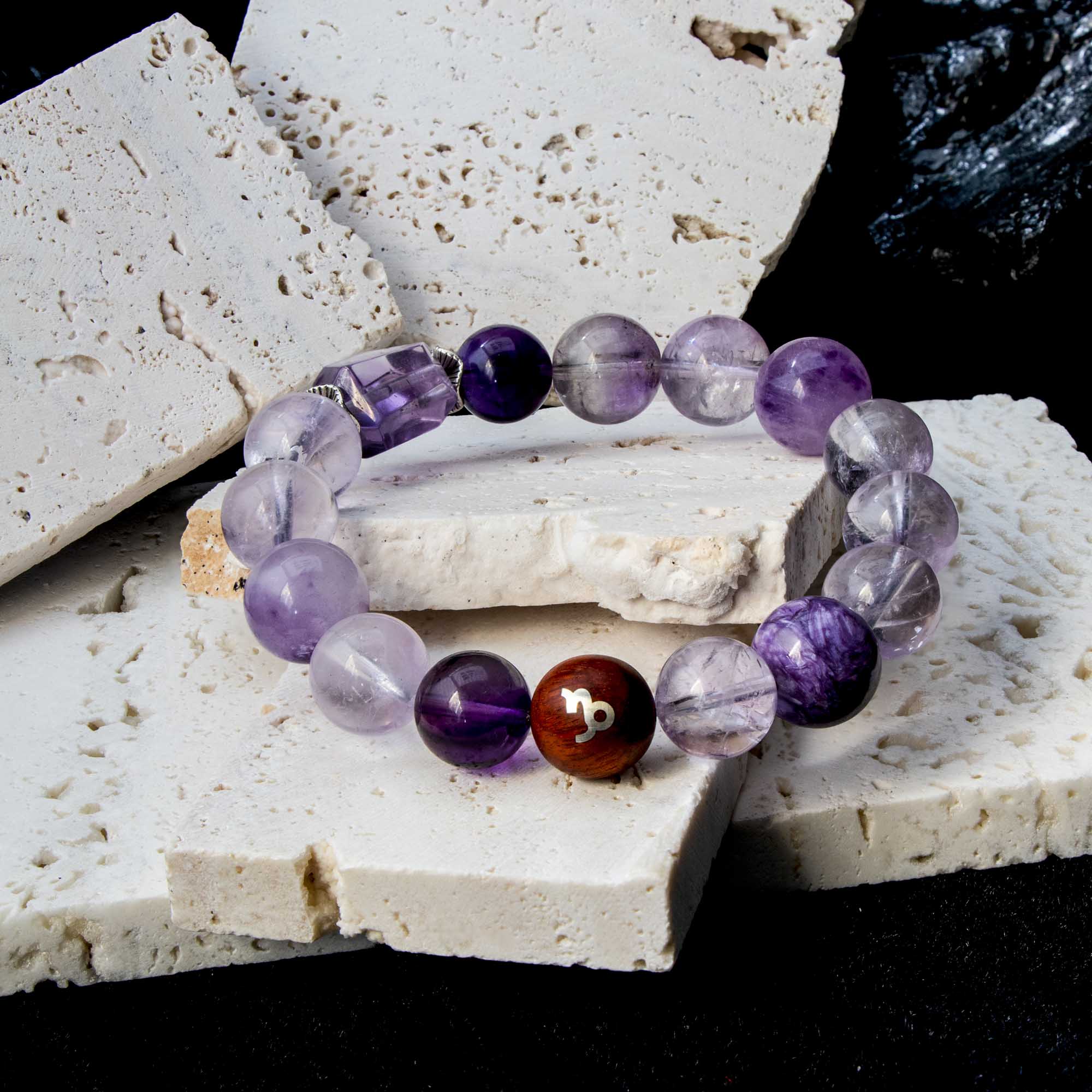 Auralyn Capricorn Amethyst Ascend Crystal Bracelet, 13–14mm Gradient Amethyst Beads with Irregular Amethyst, Tibetan Silver Spacers & Sterling Silver Capricorn Inlaid Redwood Bead, Handmade Zodiac Energy Jewelry for Wisdom & Success