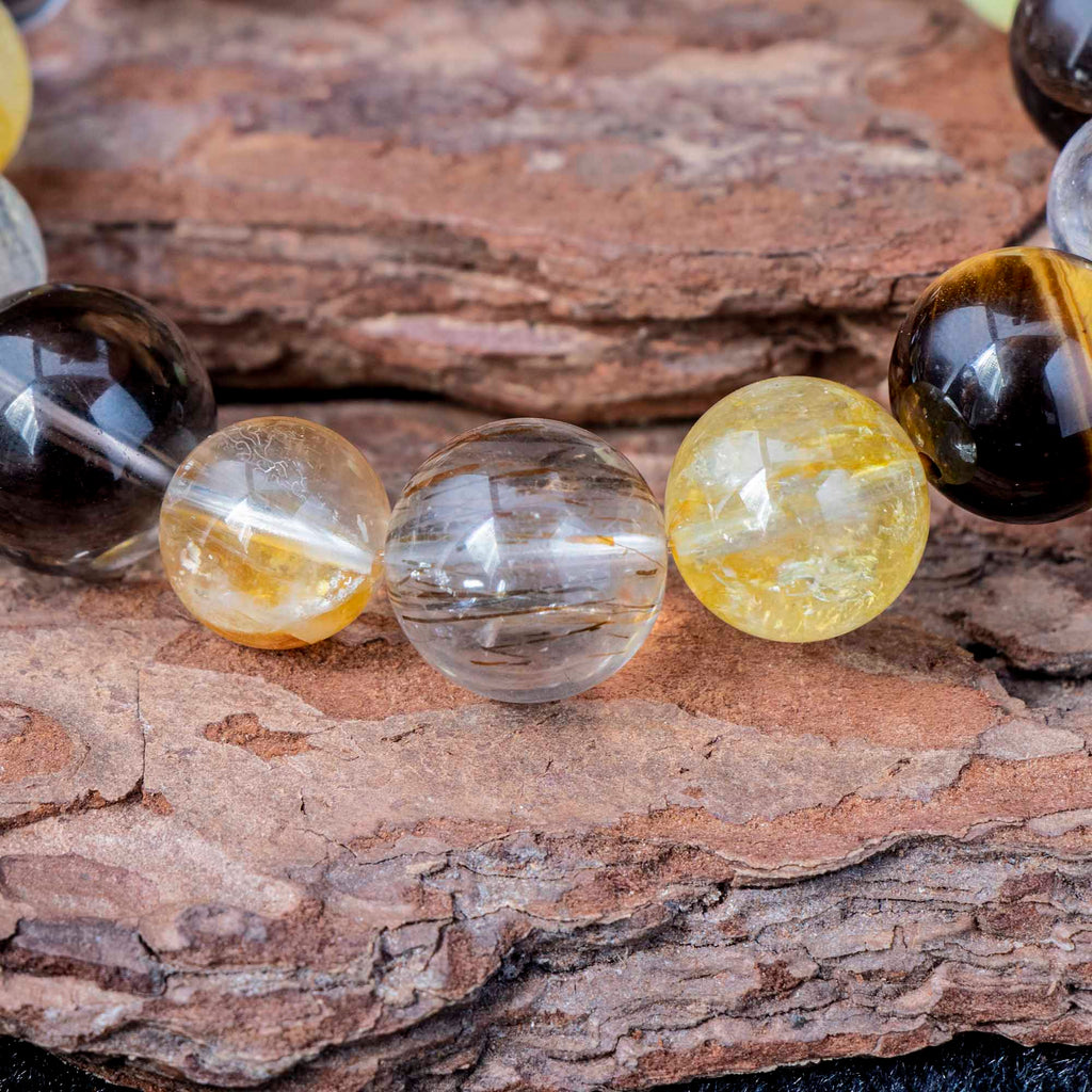 Auralyn Life Rhythm Ground & Glow Crystal Bracelet, 13–14mm Smoky Quartz, Green Quartz, Actinolite & Tourmaline Rutilated Quartz, Flower Agate, Amber, Tiger’s Eye & Red Rutilated, Handmade Energy Jewelry