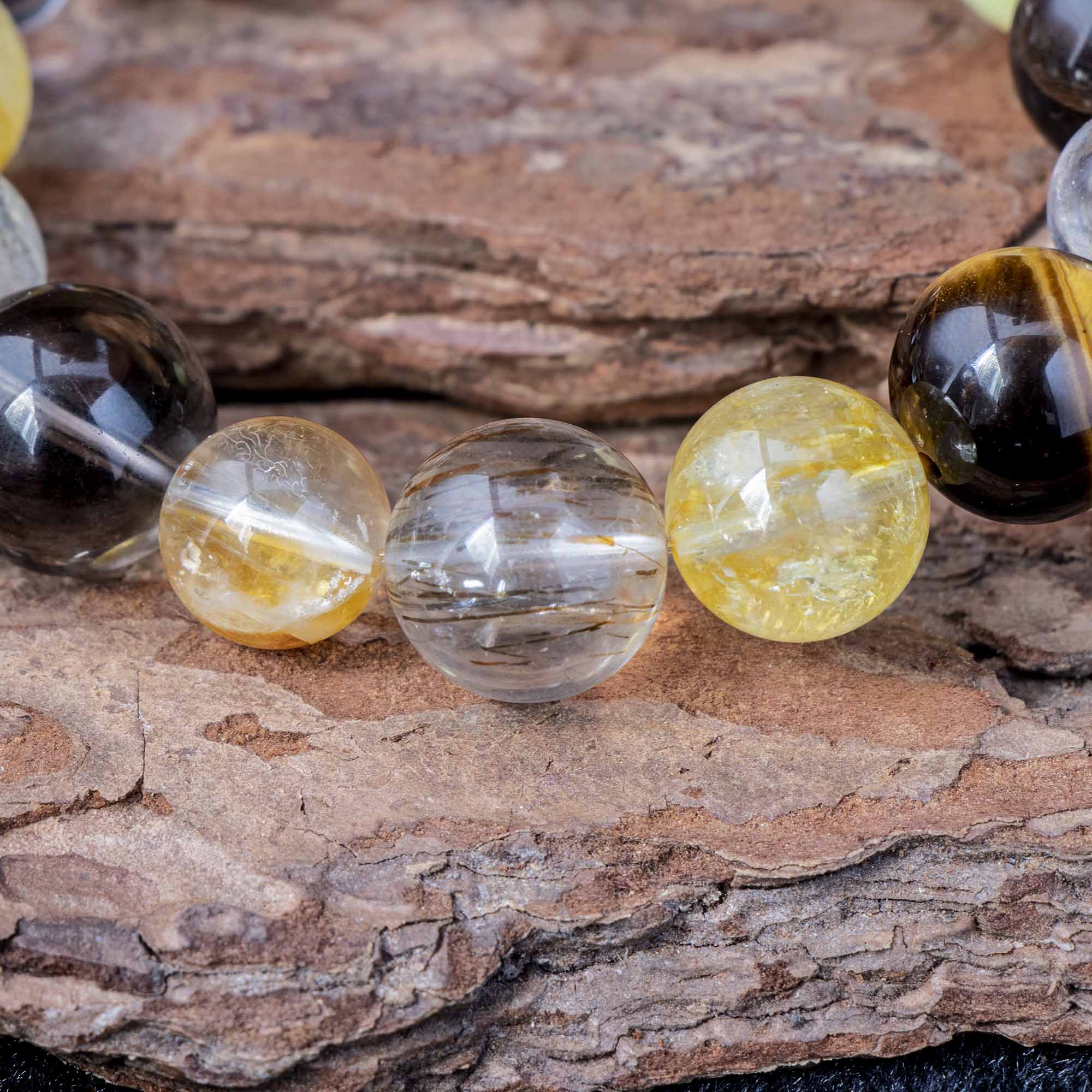 Auralyn Life Rhythm Ground & Glow Crystal Bracelet, 13–14mm Smoky Quartz, Green Quartz, Actinolite & Tourmaline Rutilated Quartz, Flower Agate, Amber, Tiger’s Eye & Red Rutilated, Handmade Energy Jewelry