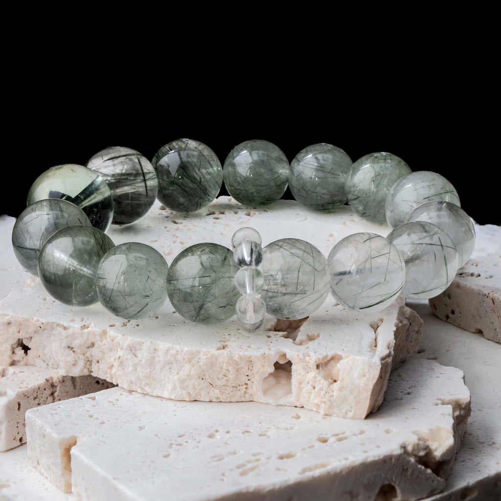Auralyn Tarot Temperance Green Rutilated Quartz Bracelet, 13–14mm Dark & Light Green Rutilated Gradient with 16mm Green Quartz Center and Clear Quartz Runner Ring, Handmade Crystal Energy Jewelry for Balance & Growth