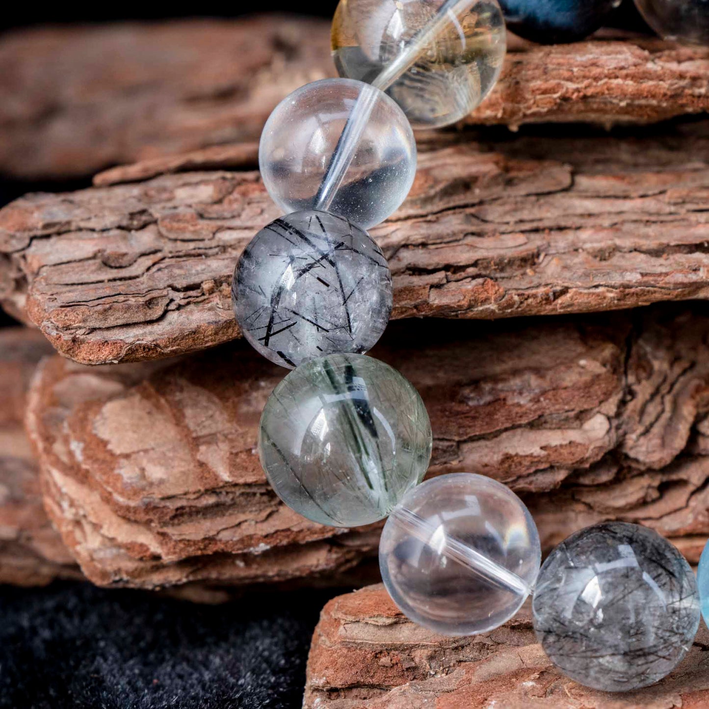 Auralyn Tarot The Chariot Growth & Flow Crystal Bracelet, 13–15mm Green & Black Rutilated Quartz with Clear Quartz, Gold-Foil Flower Agate, White Phantom, Aquamarine & Blue Tiger Eye, Handmade