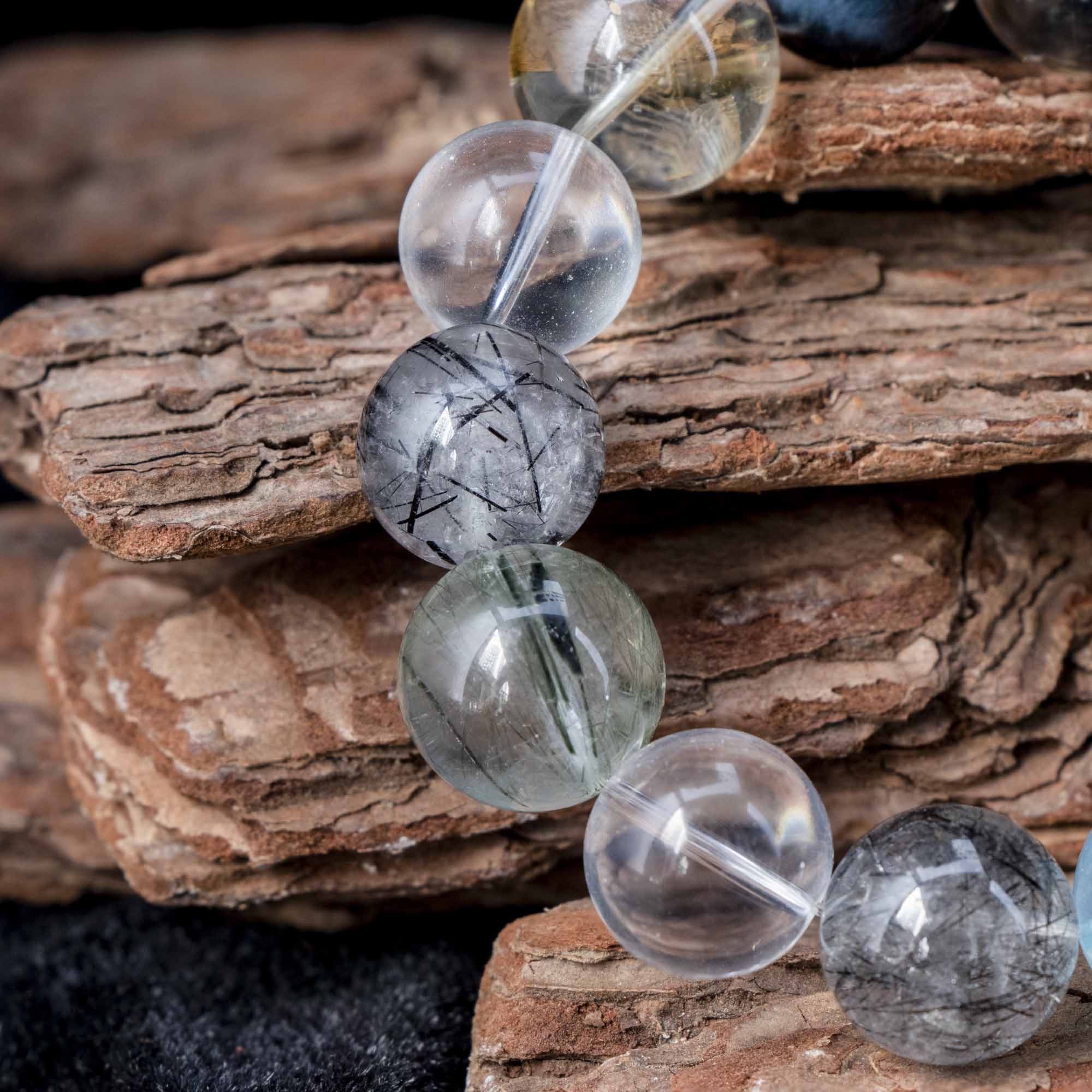 Auralyn Tarot The Chariot Growth & Flow Crystal Bracelet, 13–15mm Green & Black Rutilated Quartz with Clear Quartz, Gold-Foil Flower Agate, White Phantom, Aquamarine & Blue Tiger Eye, Handmade