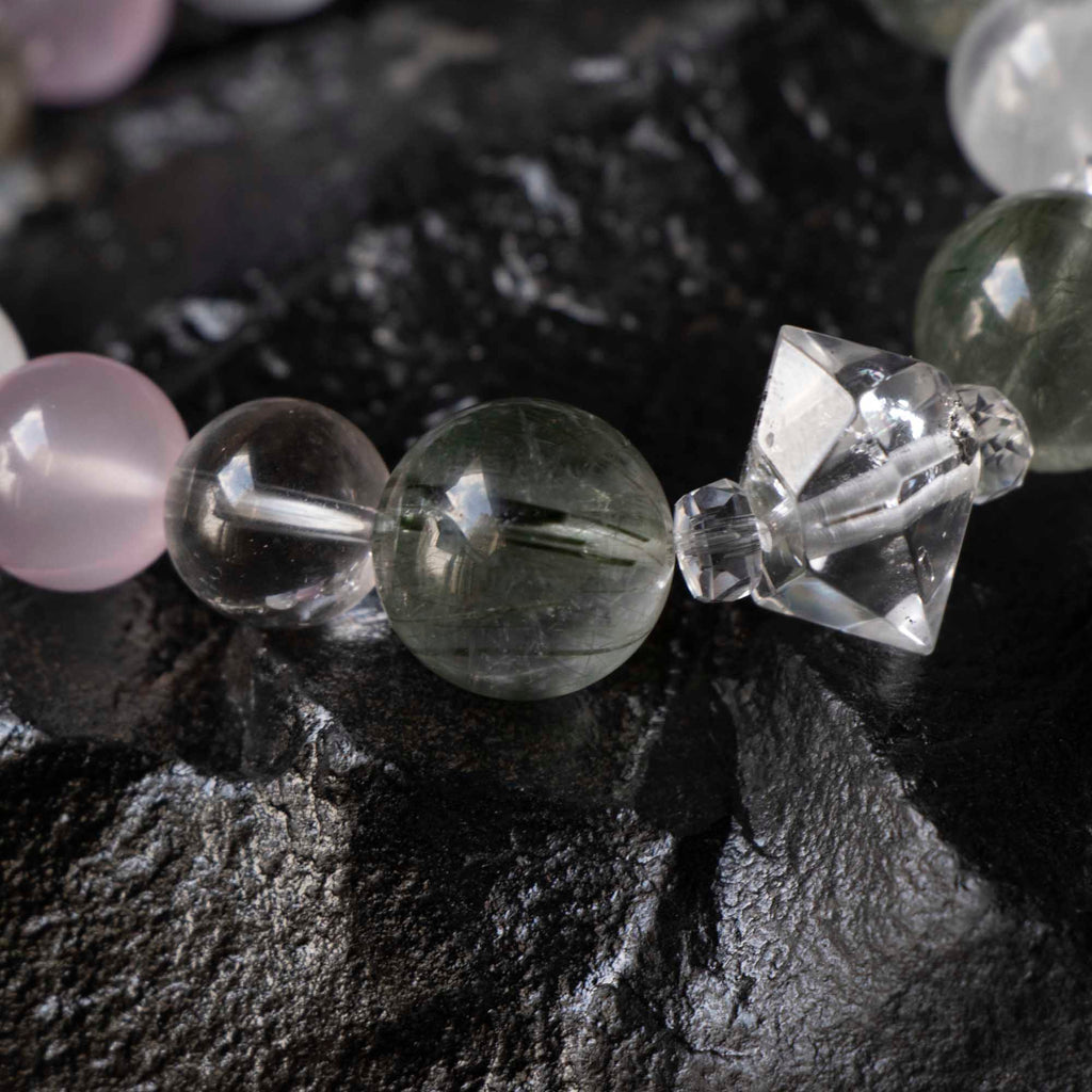 Auralyn Garden of Light Crystal Bracelet, 13–14mm White Phantom, Rose Quartz, Green Phantom, Green Rutilated & Tourmaline Rutilated Quartz with Clear Quartz Spacers, Handmade Energy Jewelry