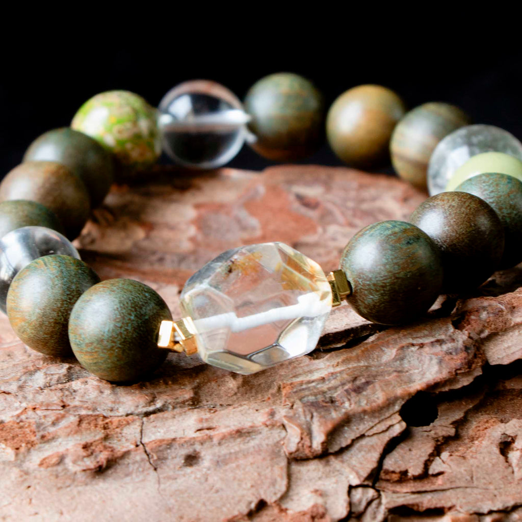 Auralyn Custom Verdant Renewal Crystal Bracelet, 11–12mm Clear Quartz, Green Phantom, Green Sandalwood & Light Avocado Tones with Bi-Color Clear+Citrine Irregular Bead and Silver-Plated Spacers, Handmade Energy Jewelry