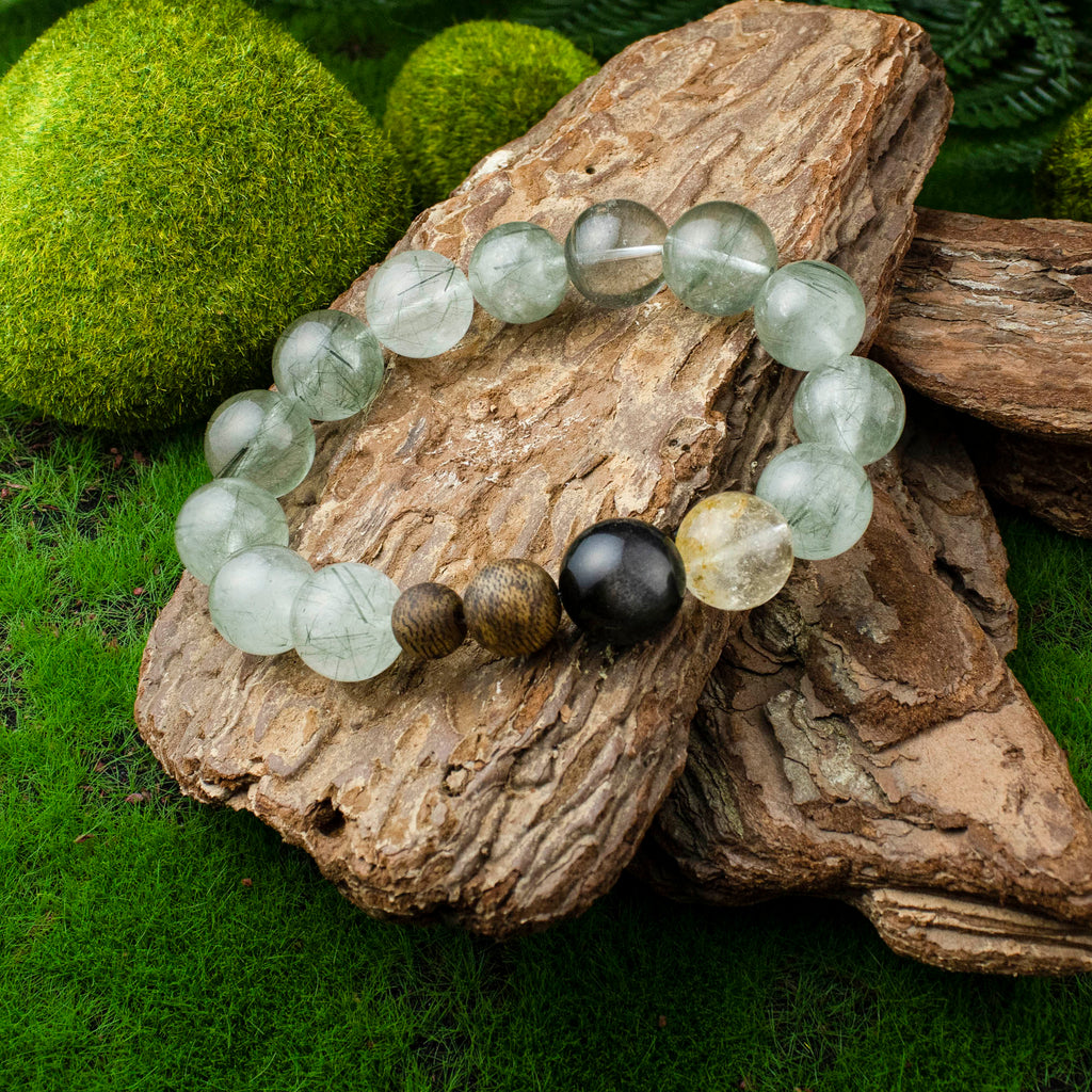 Auralyn Custom Forest Breath Green Rutilated Quartz Bracelet, 13–14mm Dark & Light Green Rutile with Starry Garden Phantom, Golden Flower Agate, Silver Obsidian & Two Agarwood Beads, Handmade Energy Jewelry