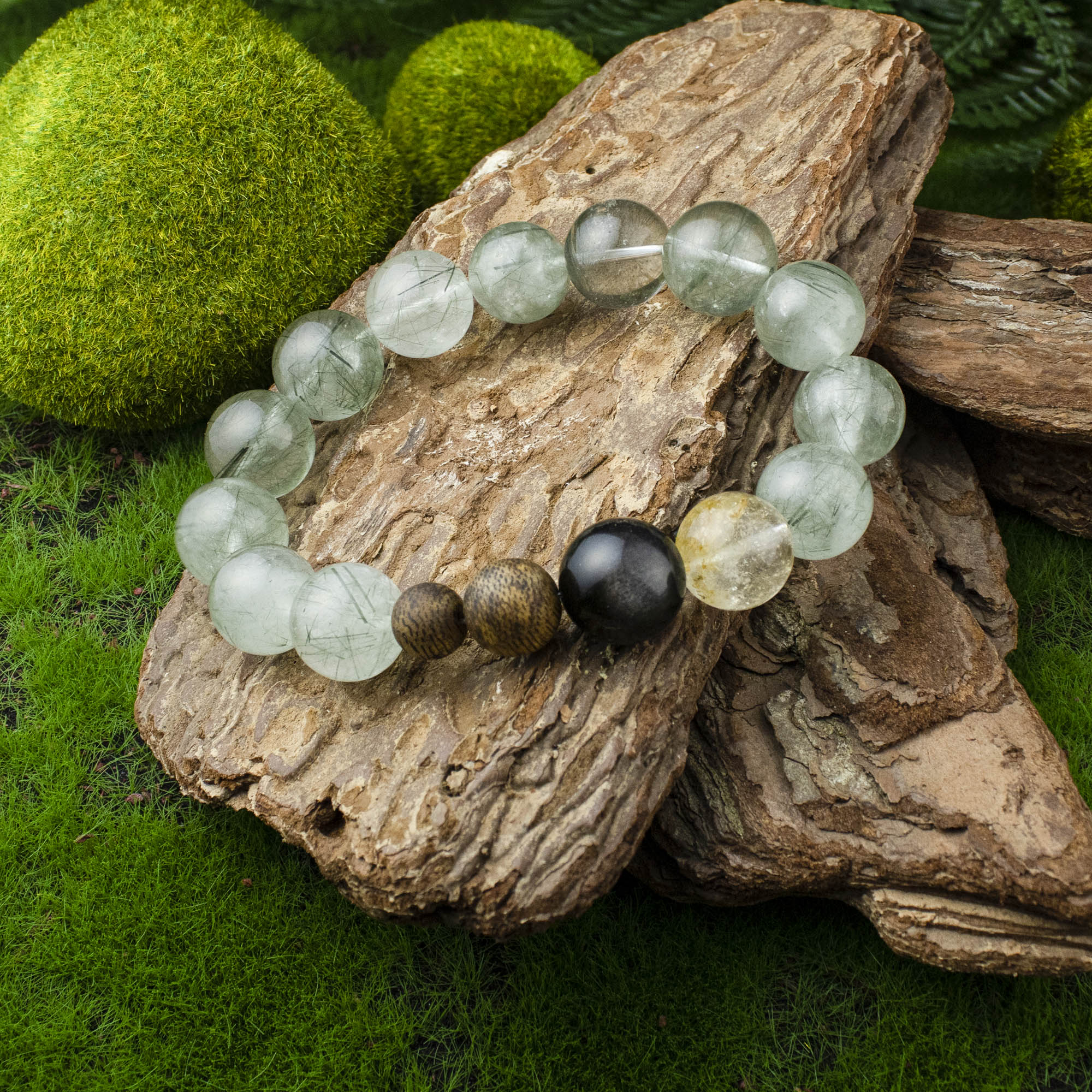 Auralyn Custom Forest Breath Green Rutilated Quartz Bracelet, 13–14mm Dark & Light Green Rutile with Starry Garden Phantom, Golden Flower Agate, Silver Obsidian & Two Agarwood Beads, Handmade Energy Jewelry