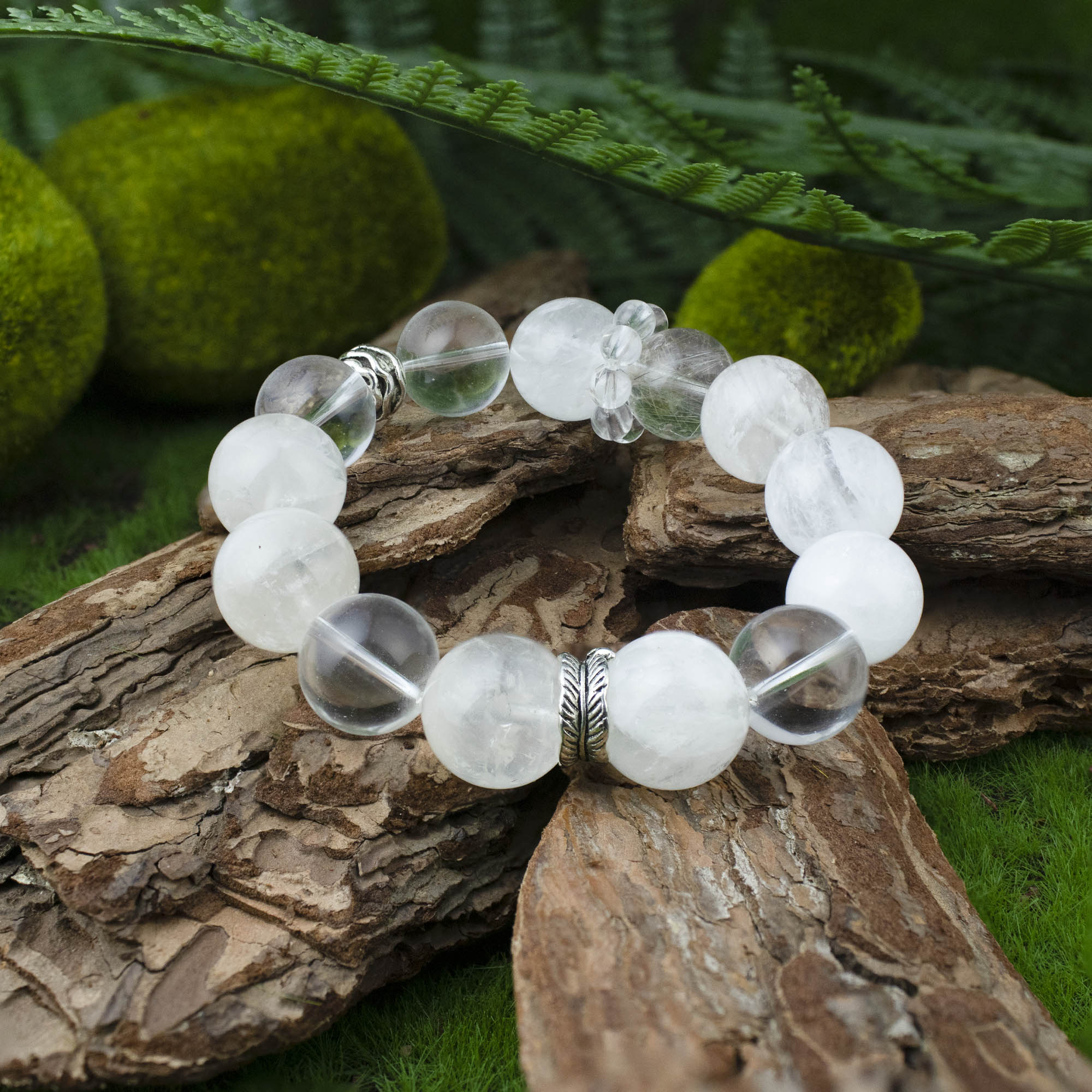Auralyn Custom Frosted Clarity Crystal Bracelet, 13–14mm White Phantom, Clear Quartz & Silver Rutilated Quartz with Tibetan Silver Spacers & Rings, Handmade Energy Jewelry in Pure White/Transparent Tones