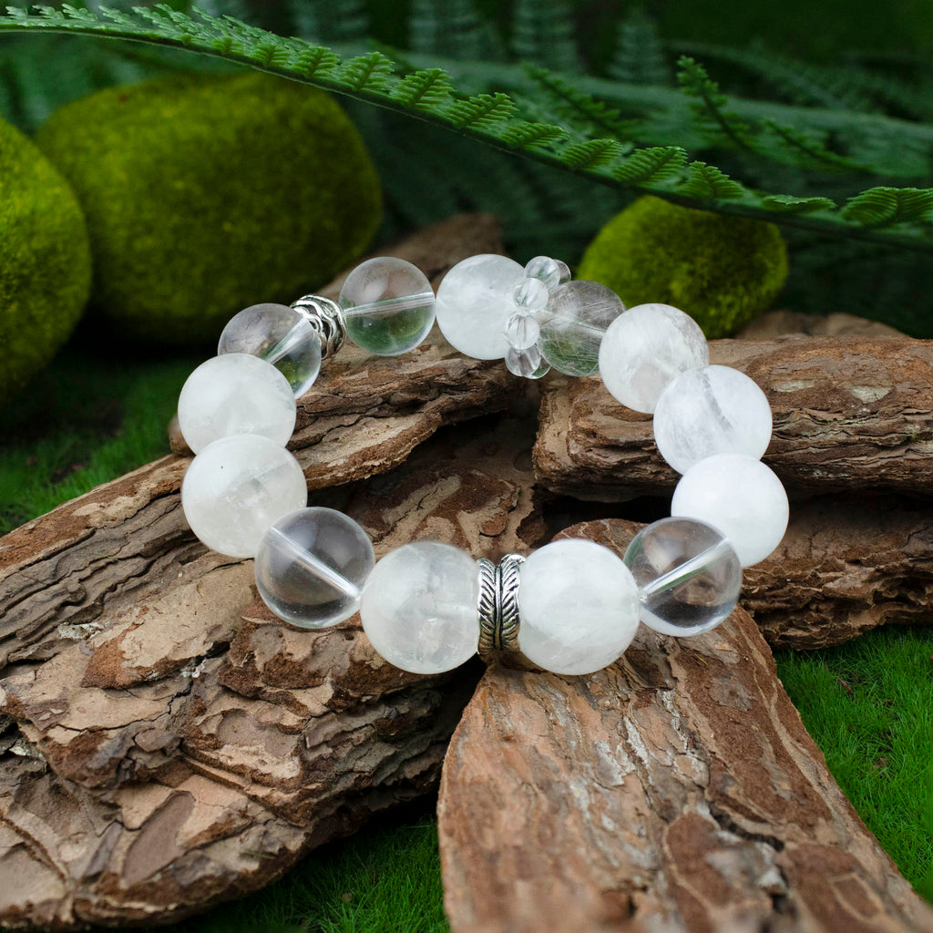 Auralyn Custom Frosted Clarity Crystal Bracelet, 13–14mm White Phantom, Clear Quartz & Silver Rutilated Quartz with Tibetan Silver Spacers & Rings, Handmade Energy Jewelry in Pure White/Transparent Tones